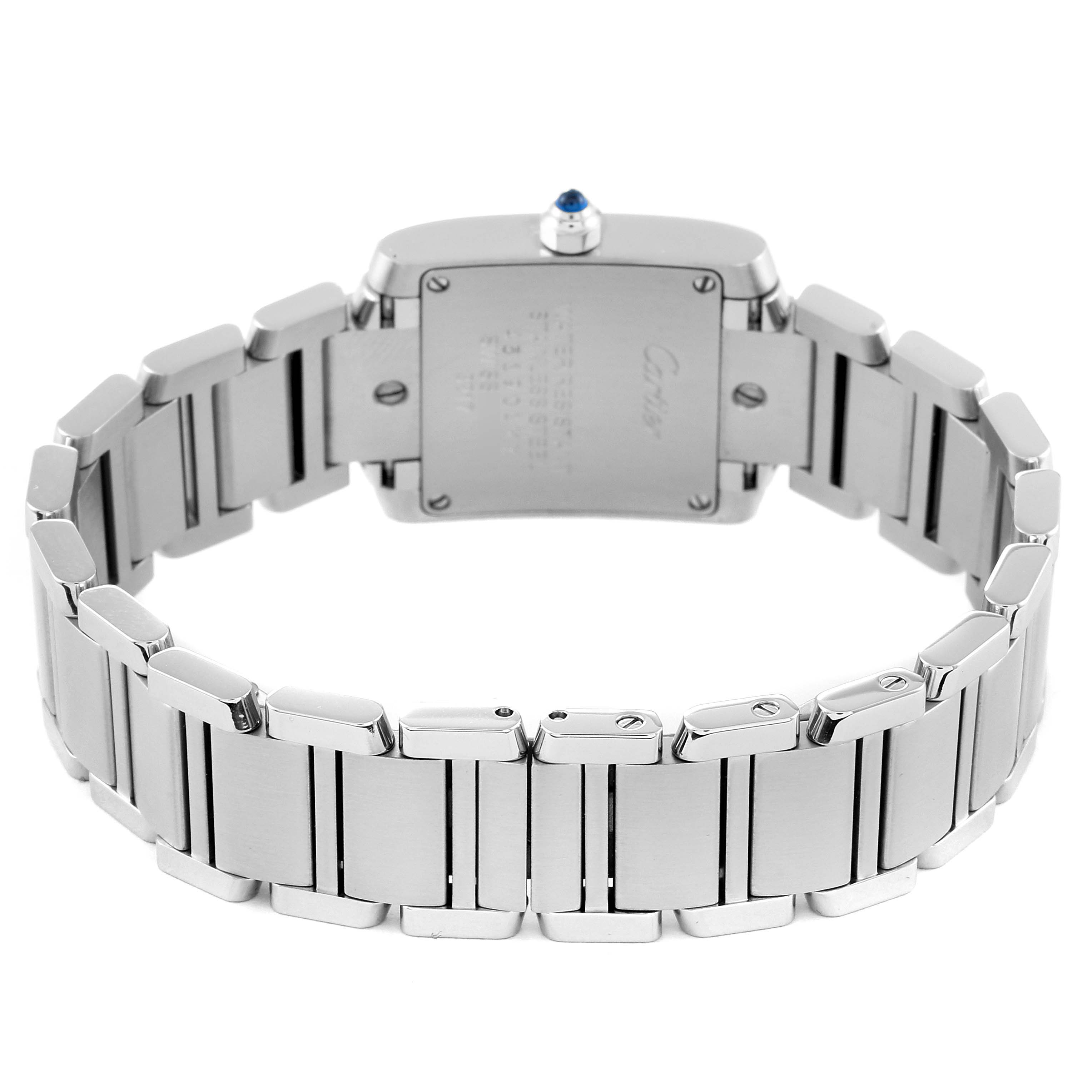This image shows the back view of the Cartier Tank Française watch, focusing on the bracelet and case back.
