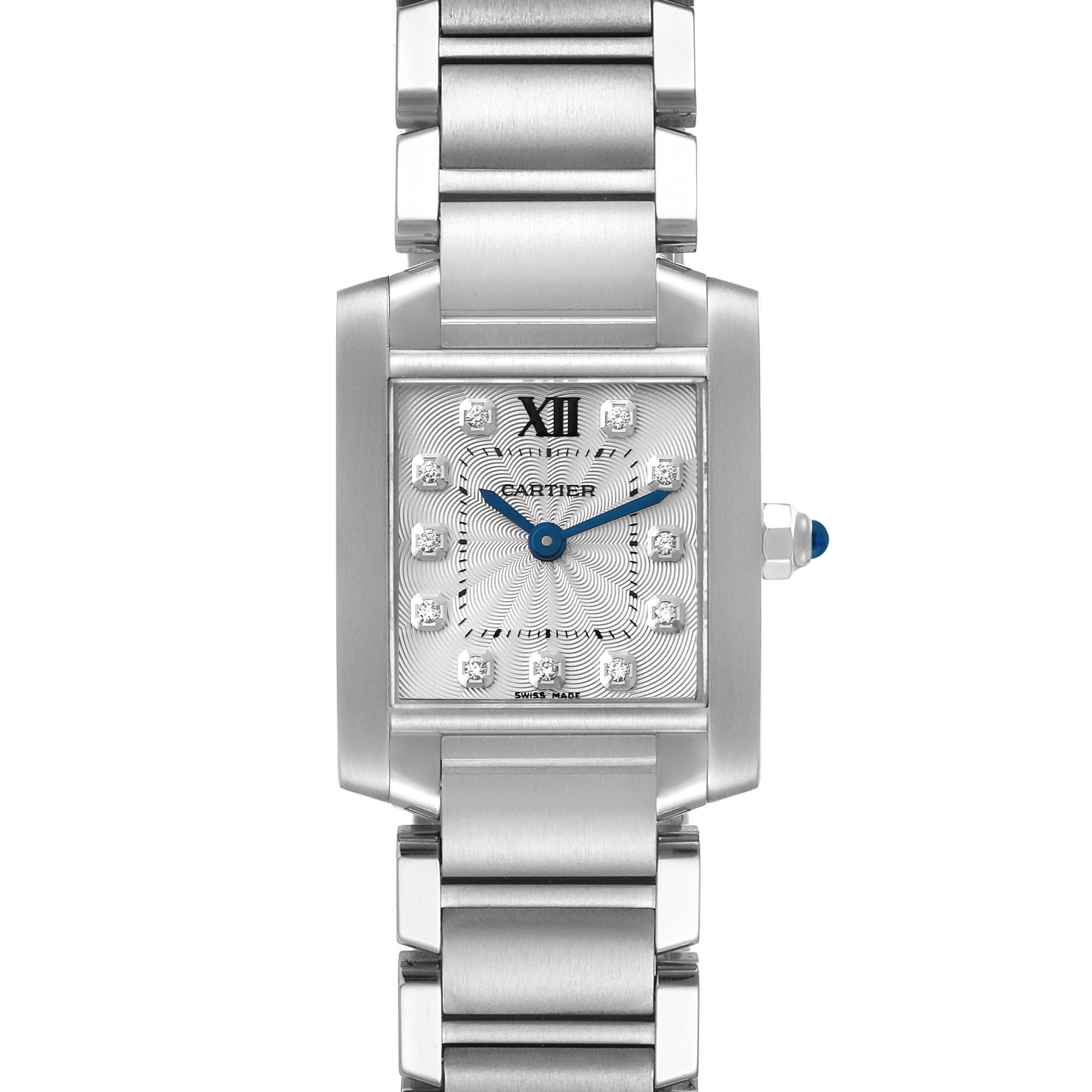 The image shows a front view of the Tank Francaise model by Cartier, featuring its dial, hands, casing, and bracelet.