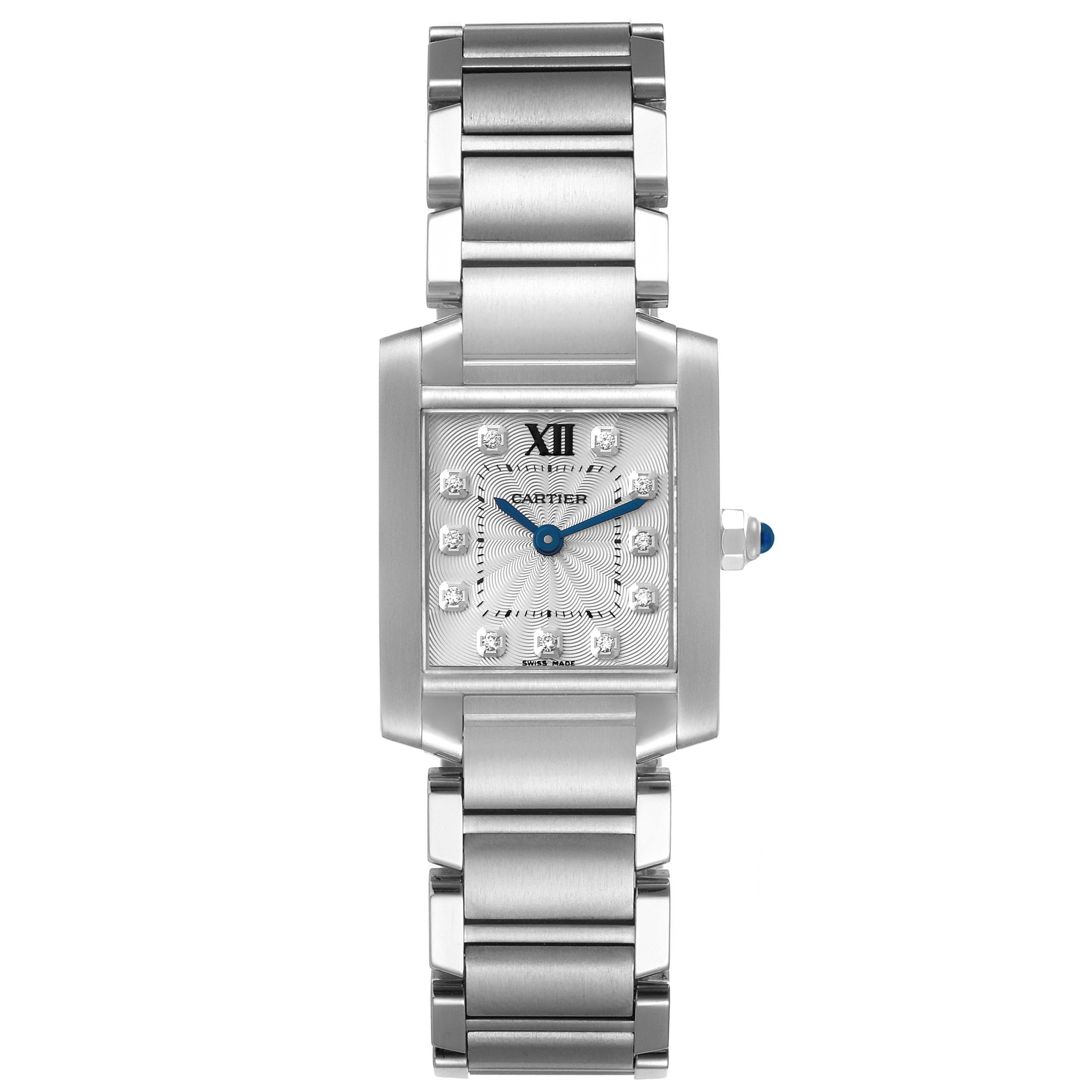 The image shows a front view of the Cartier Tank Francaise WE110006 Women's Stainless Steel Silver Dial WE110006 Women's Stainless Steel Silver Dial watch, highlighting its rectangular face, metal bracelet, and blue hands.