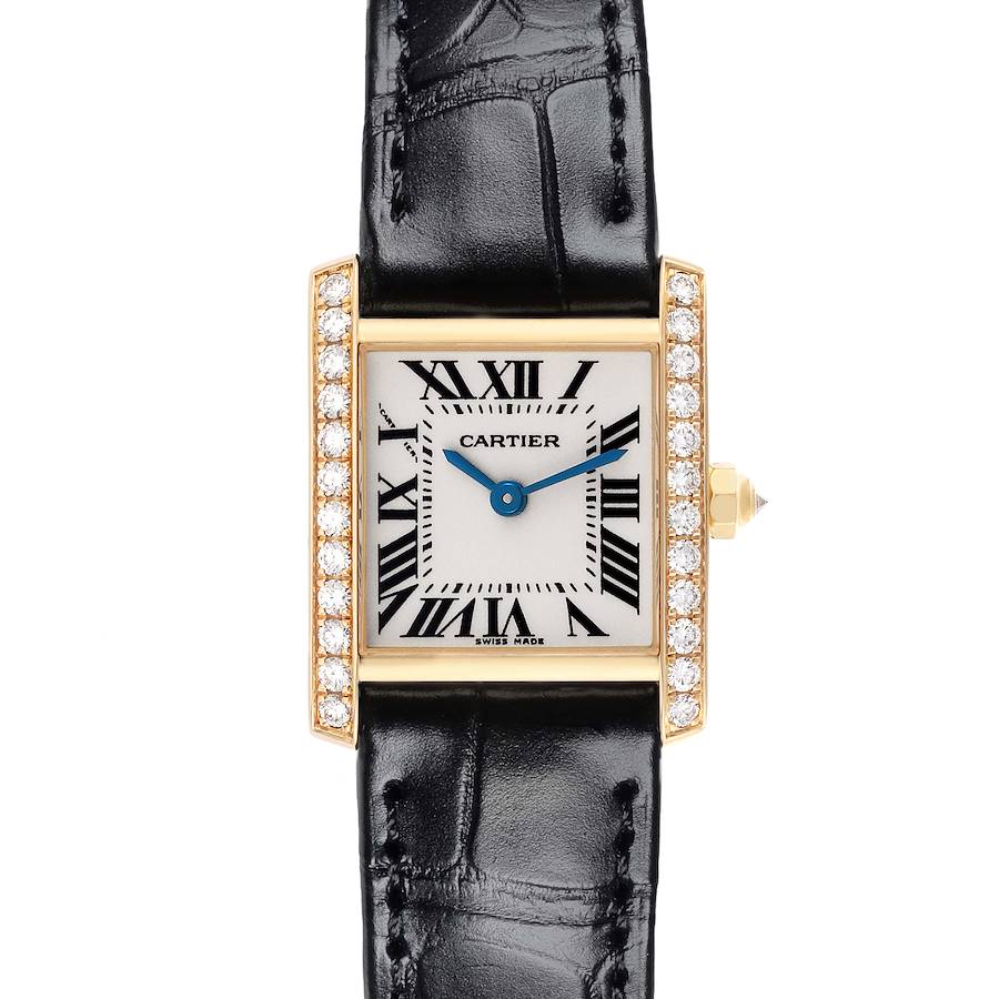 The Cartier Tank Française watch is shown from the front, showcasing the dial, hands, strap, and diamond-set bezel.