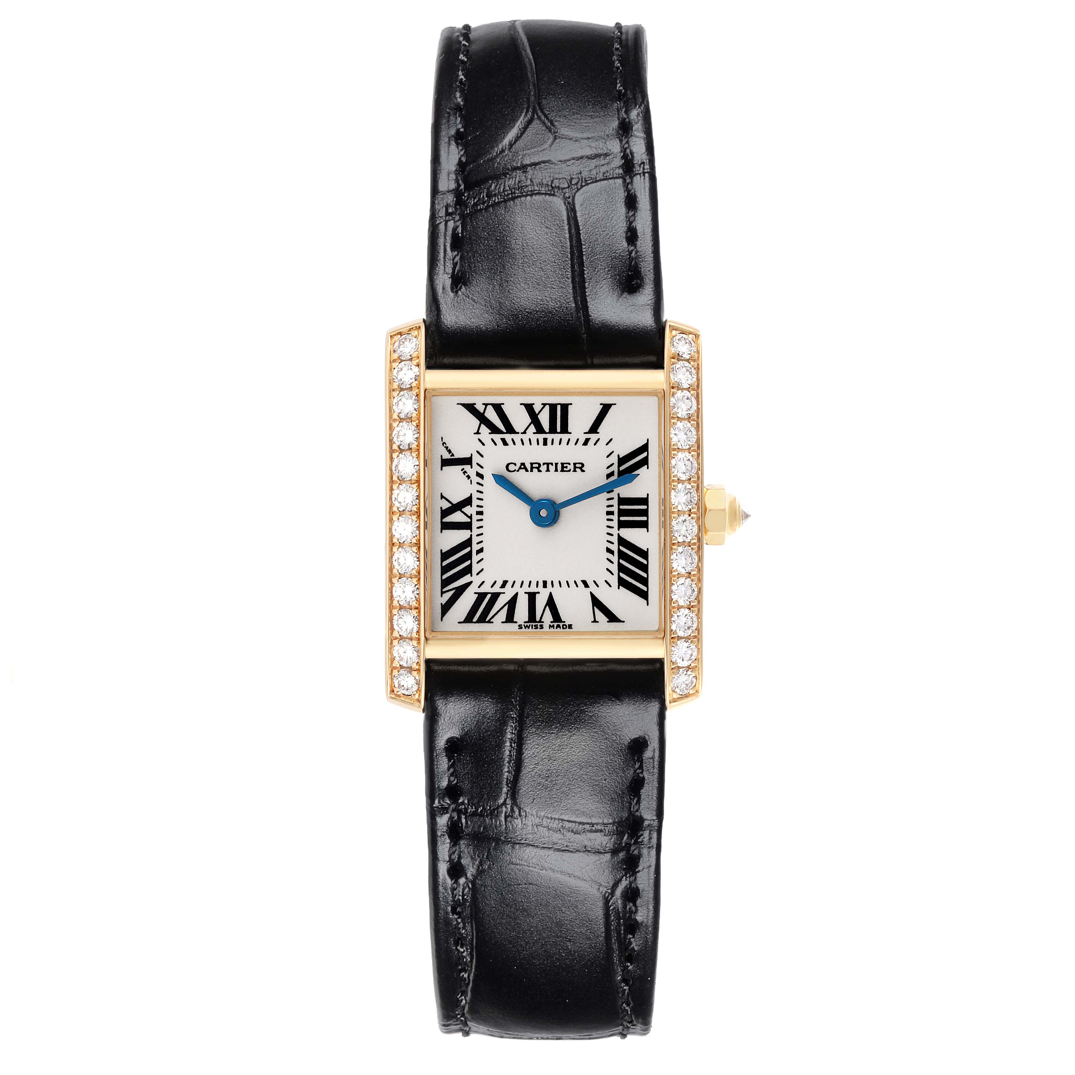 The Cartier Tank Francaise WE100151 Women's Yellow Gold Silver Dial WE100151 Women's Yellow Gold Silver Dial watch is shown from a top view, featuring its dial, leather strap, and diamond-set case sides.