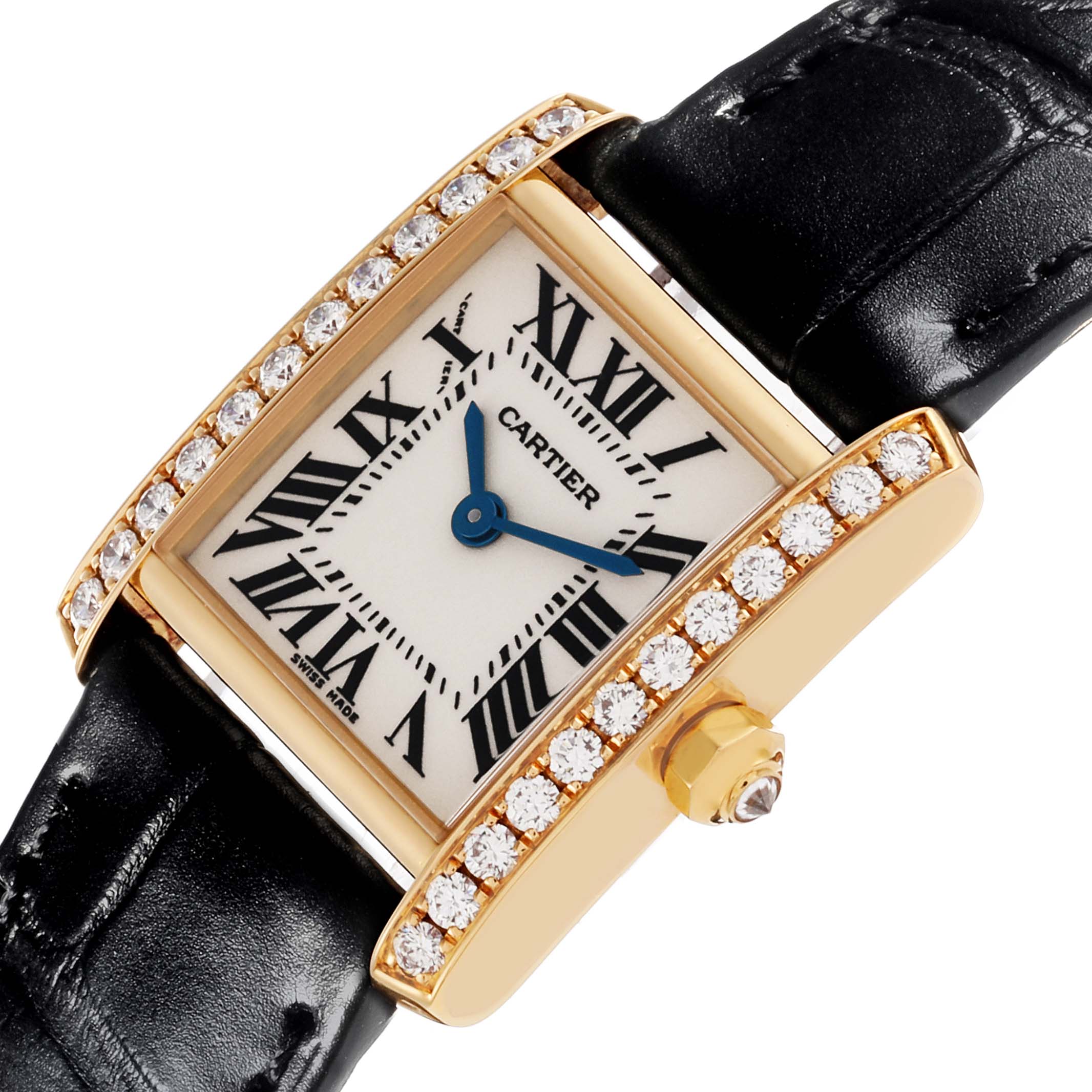 The Cartier Tank Française watch is shown at an angled view, highlighting its diamond-studded bezel and black leather strap.