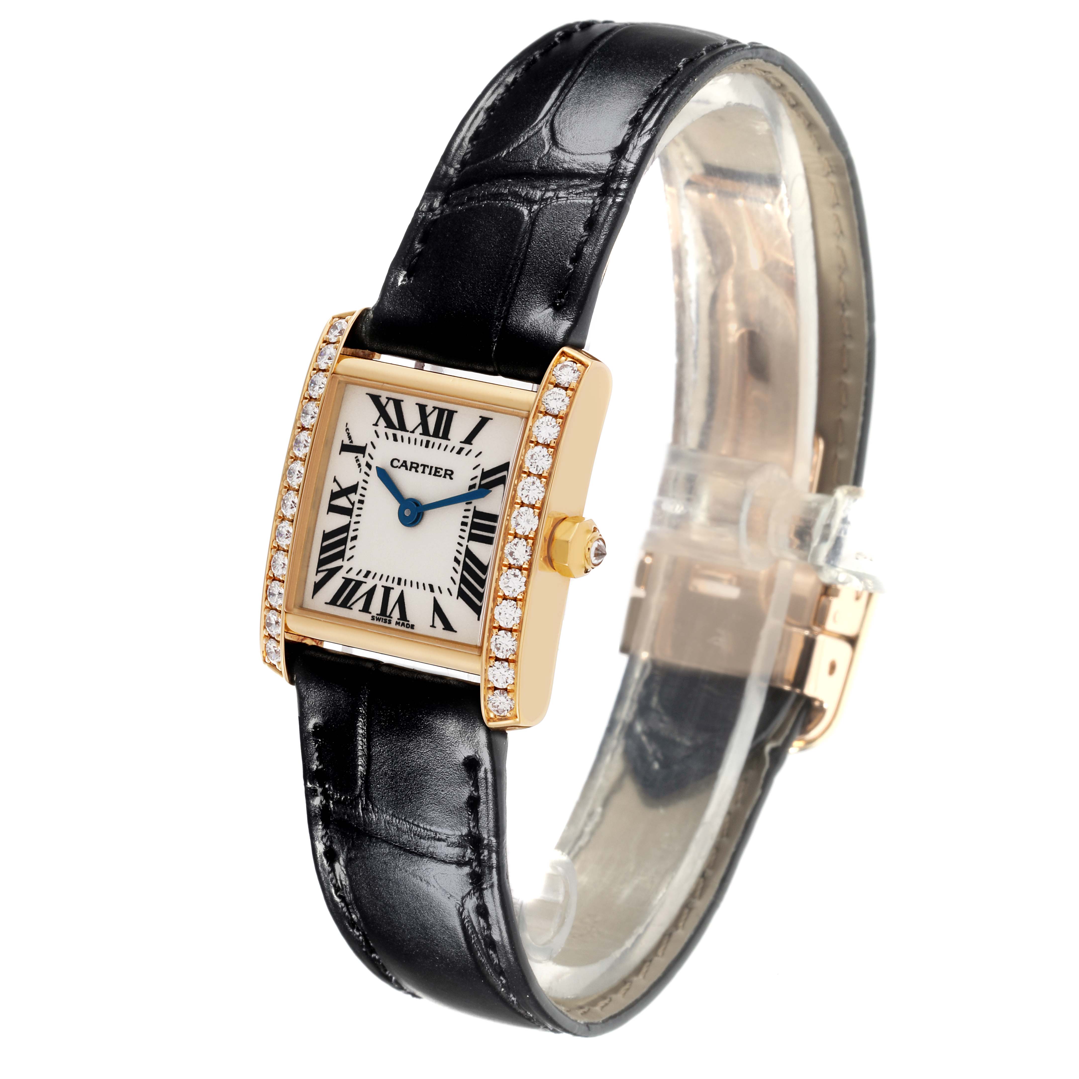 The Cartier Tank Francaise WE100151 Women's Yellow Gold Silver Dial WE100151 Women's Yellow Gold Silver Dial watch is shown at a slight angle, displaying its face, diamond bezel, and leather strap.
