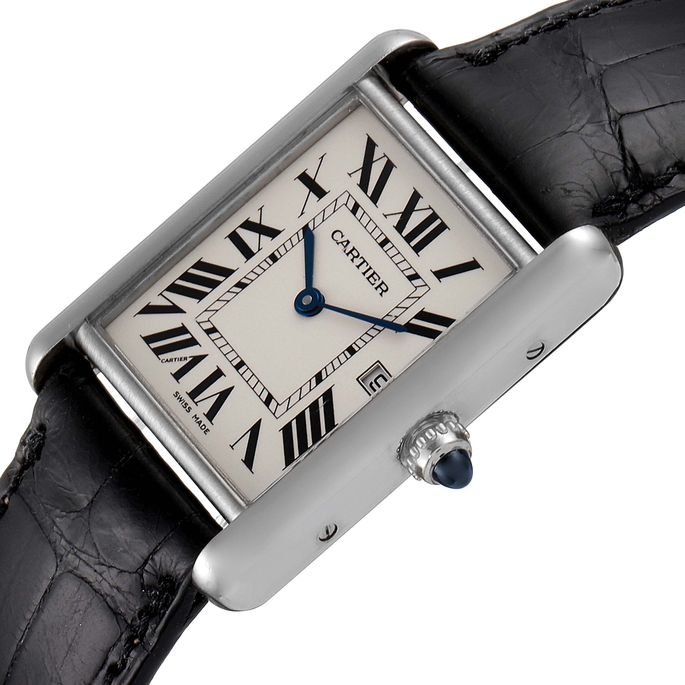 This image shows a Cartier Tank Louis W1540956 Men's White Gold Silver Dial W1540956 Men's White Gold Silver Dial watch from an angled top view, displaying the face, Roman numerals, hands, bezel, crown, and part of the strap.