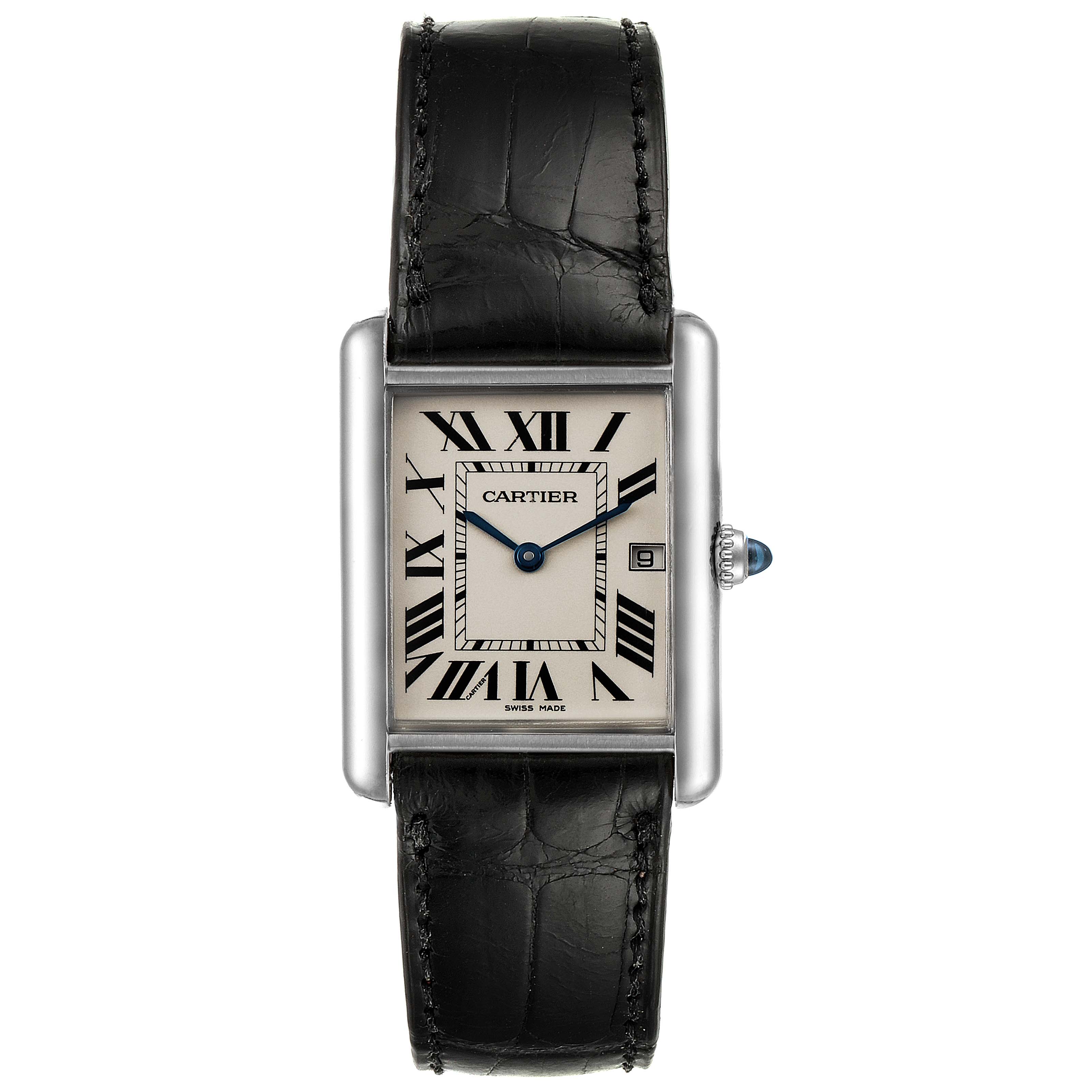 The image shows a front view of the Cartier Tank Louis W1540956 Men's White Gold Silver Dial W1540956 Men's White Gold Silver Dial watch, featuring its black leather strap, rectangular face, and Roman numeral dial.