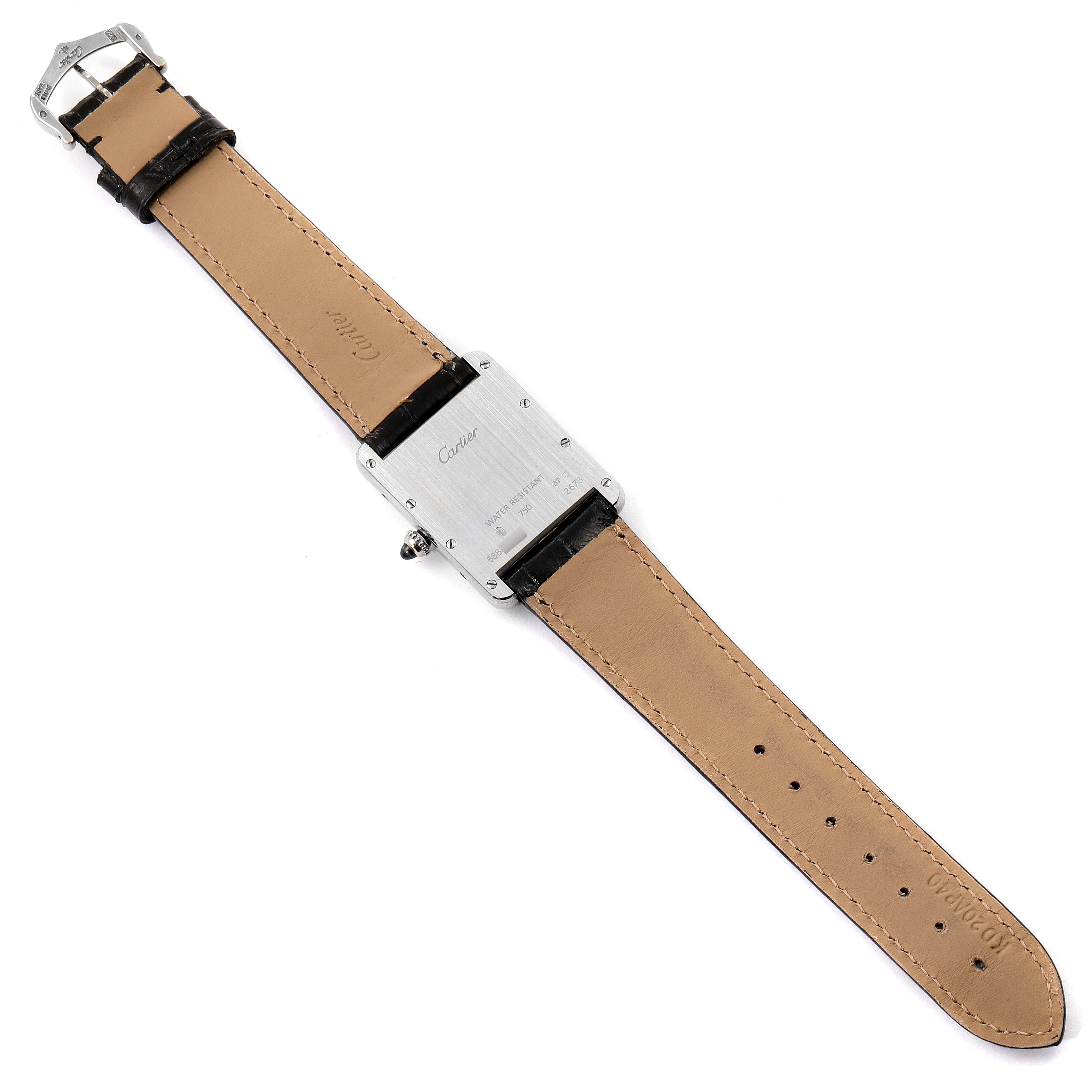 This image shows the back view of a Cartier Tank Louis W1540956 Men's White Gold Silver Dial W1540956 Men's White Gold Silver Dial watch, including its beige leather strap and rectangular case.