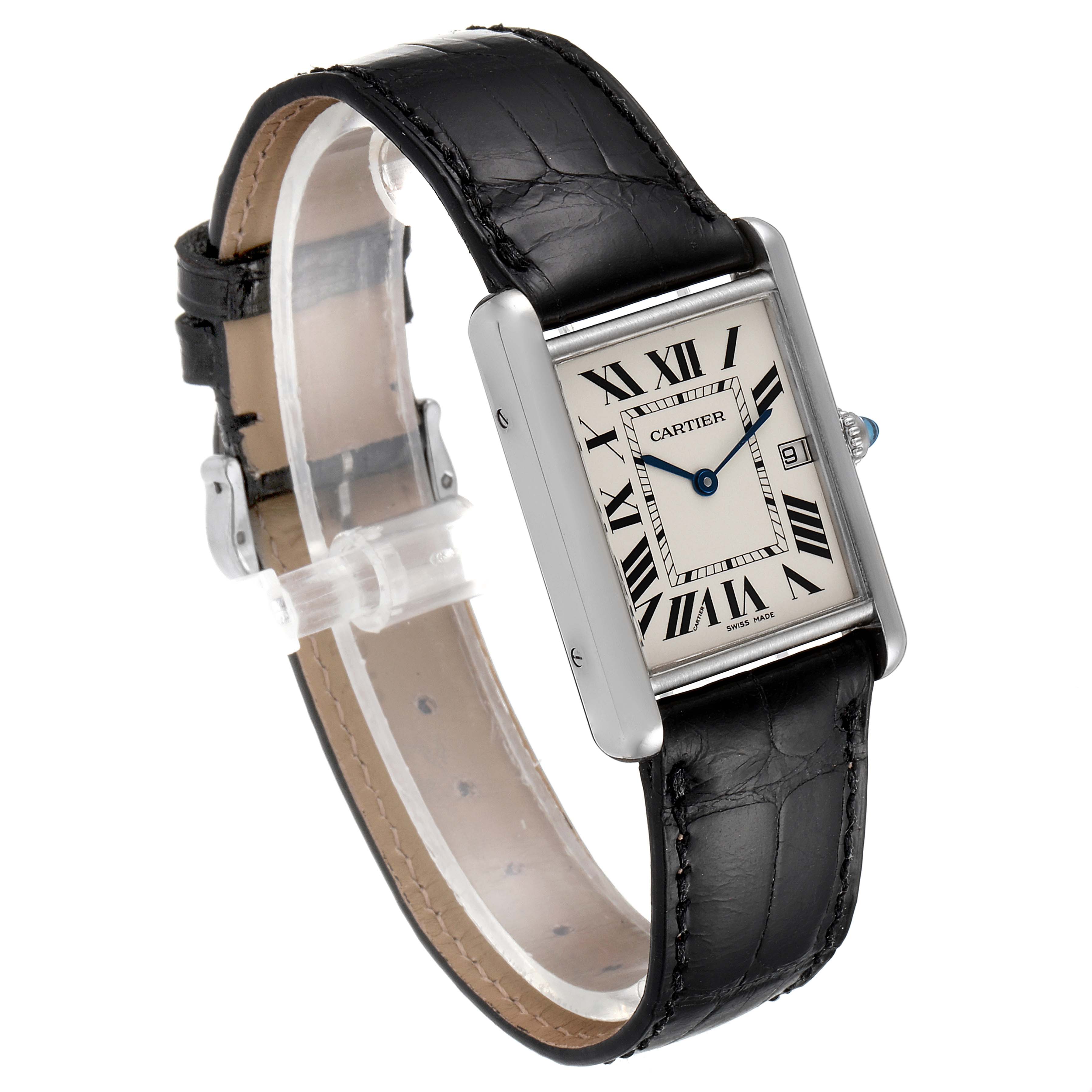 The image shows a Cartier Tank Louis W1540956 Men's White Gold Silver Dial W1540956 Men's White Gold Silver Dial watch at a slight angle, highlighting the black leather strap, rectangular face, and Roman numeral dial.