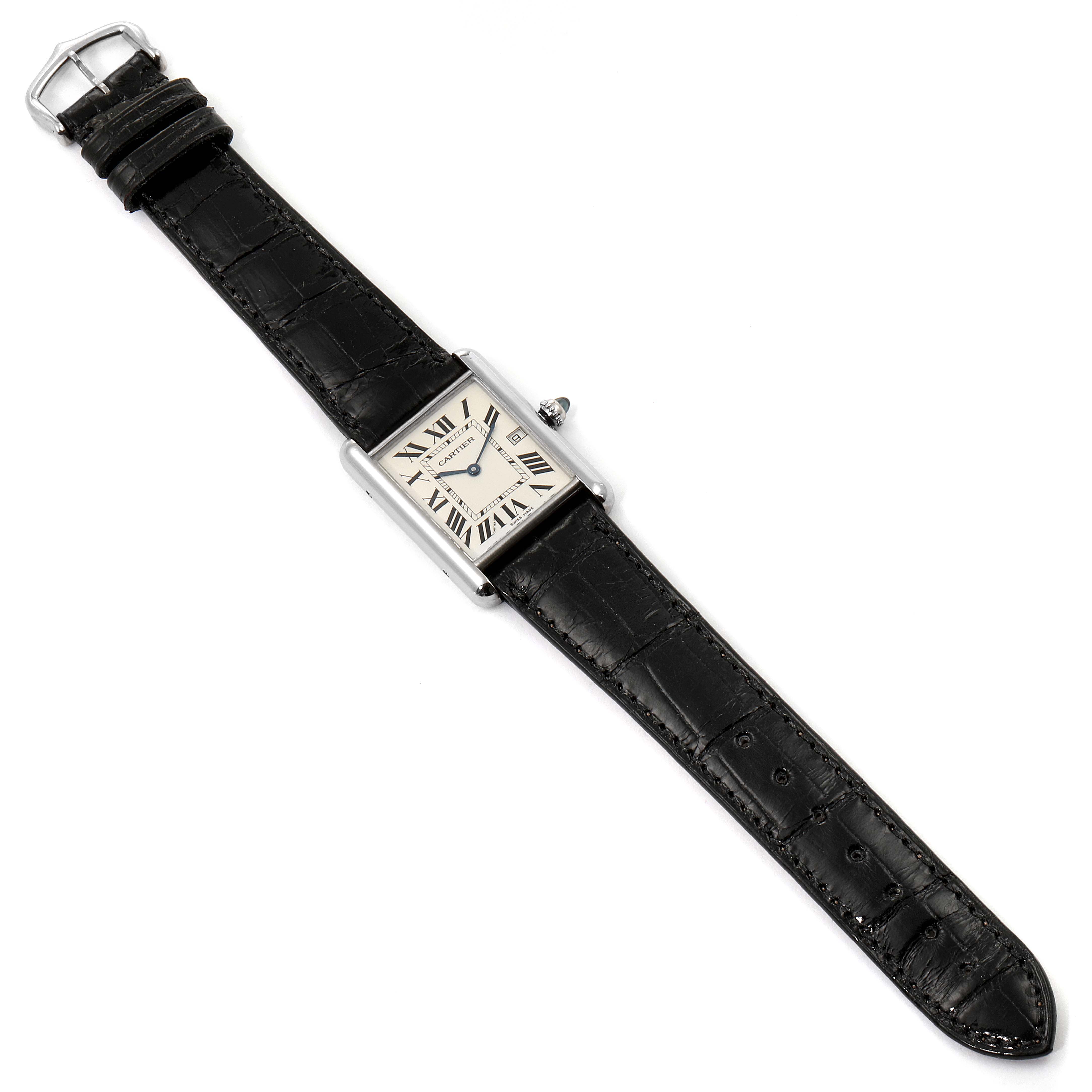 The Cartier Tank Louis W1540956 Men's White Gold Silver Dial W1540956 Men's White Gold Silver Dial watch is shown from a top-down angle, displaying the face, case, strap, and buckle.