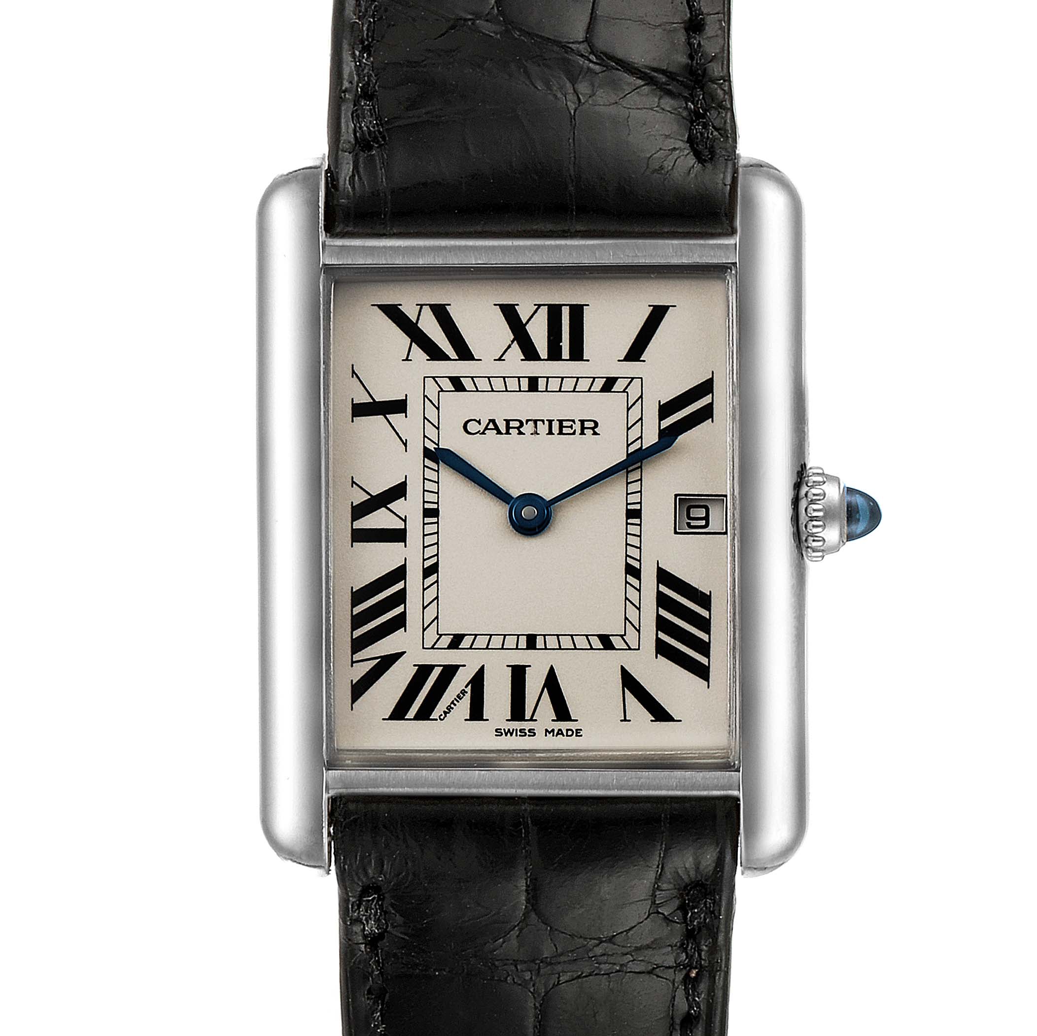 The image shows a front and slightly angled view of the face and strap of the Cartier Tank Louis W1540956 Men's White Gold Silver Dial W1540956 Men's White Gold Silver Dial watch.