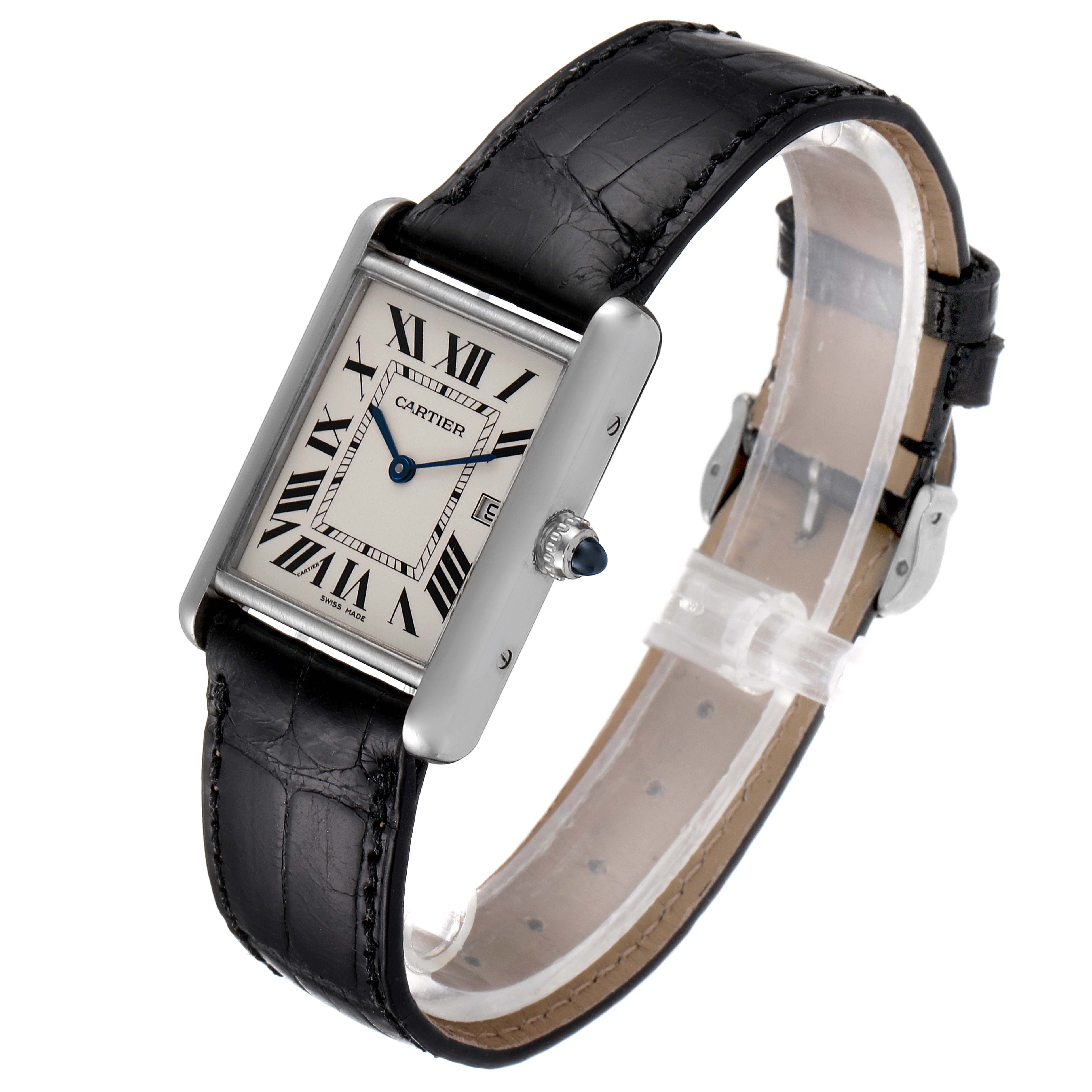 The image shows a Cartier Tank Louis W1540956 Men's White Gold Silver Dial W1540956 Men's White Gold Silver Dial watch from a front angle, displaying its face, crown, and leather strap.