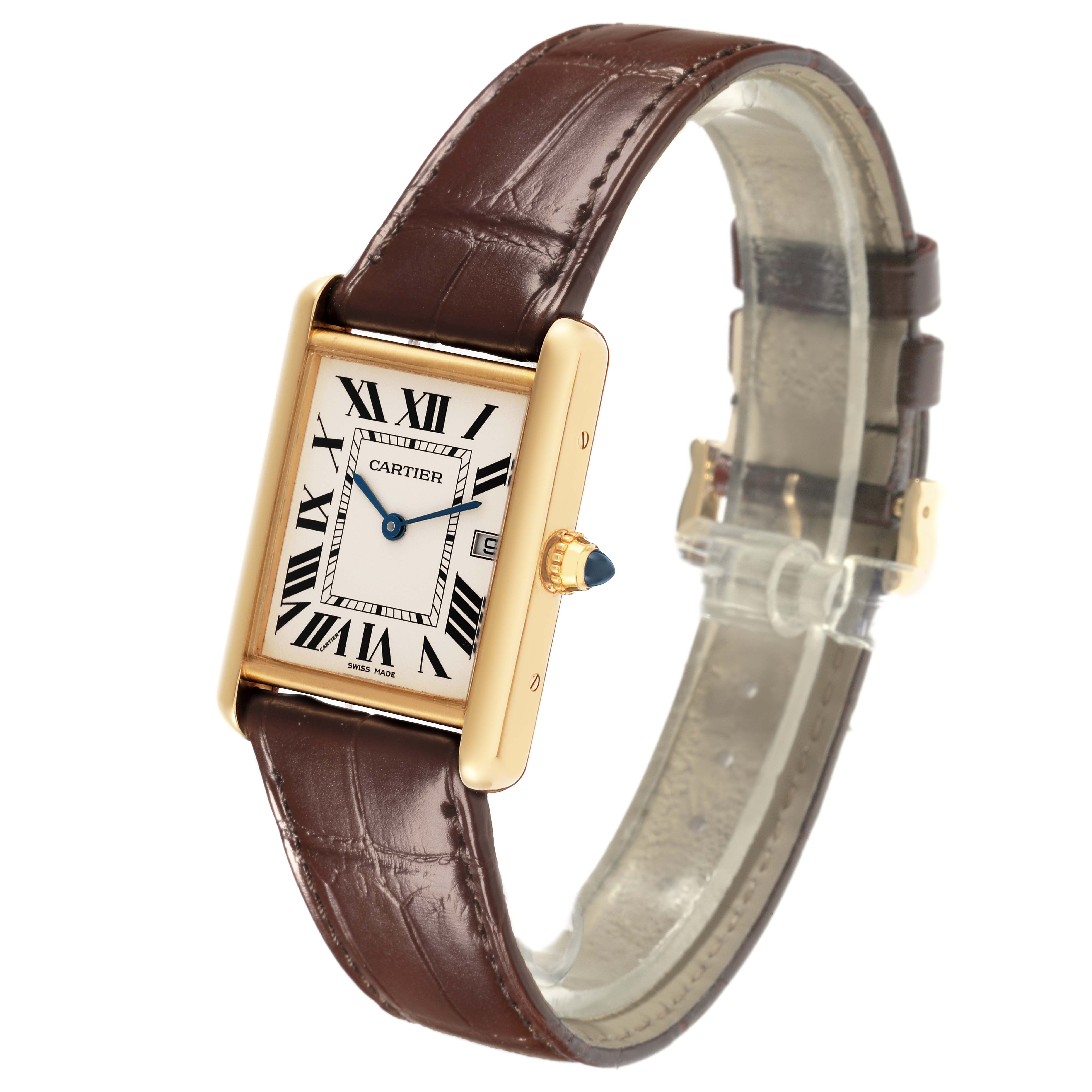 The Cartier Tank Louis W1529756 Men's Yellow Gold Silver Dial W1529756 Men's Yellow Gold Silver Dial watch is shown at a slight side angle, highlighting the dial, case, crown, and leather strap.