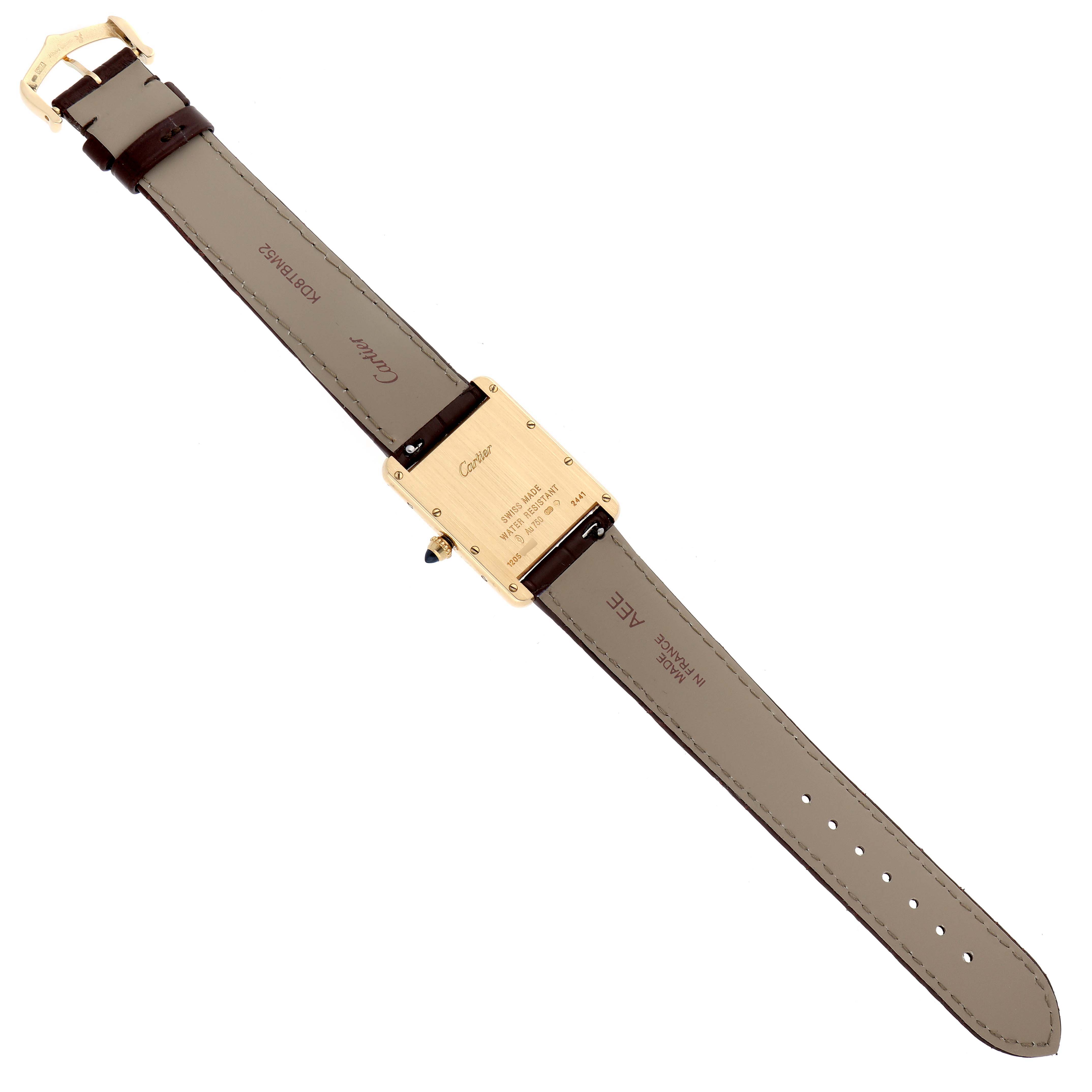 The image shows the back view of a Cartier Tank Louis W1529756 Men's Yellow Gold Silver Dial W1529756 Men's Yellow Gold Silver Dial watch with its straps fully extended.