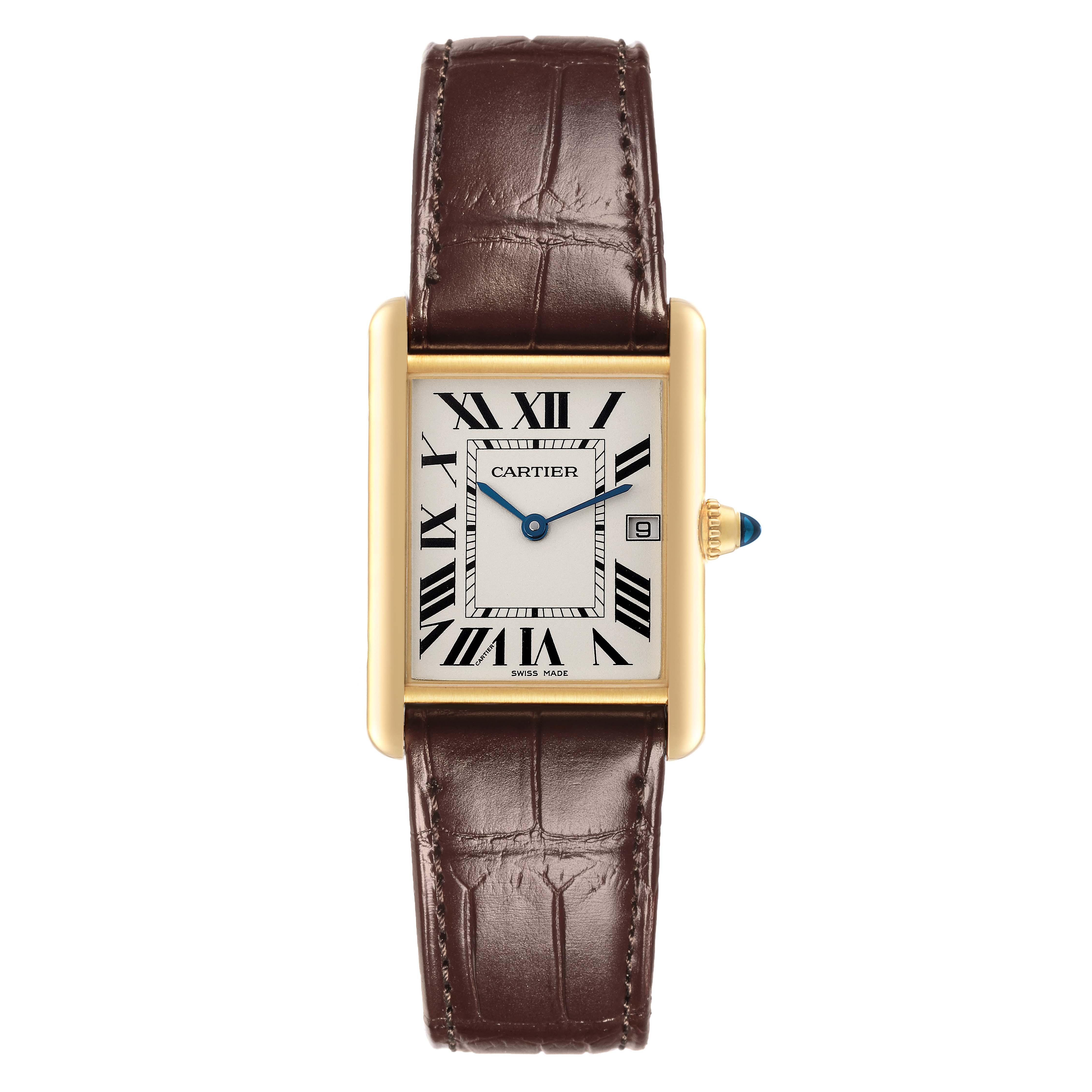 The Cartier Tank Louis W1529756 Men's Yellow Gold Silver Dial W1529756 Men's Yellow Gold Silver Dial watch is shown from the front, displaying its face, Roman numerals, gold case, and leather strap.