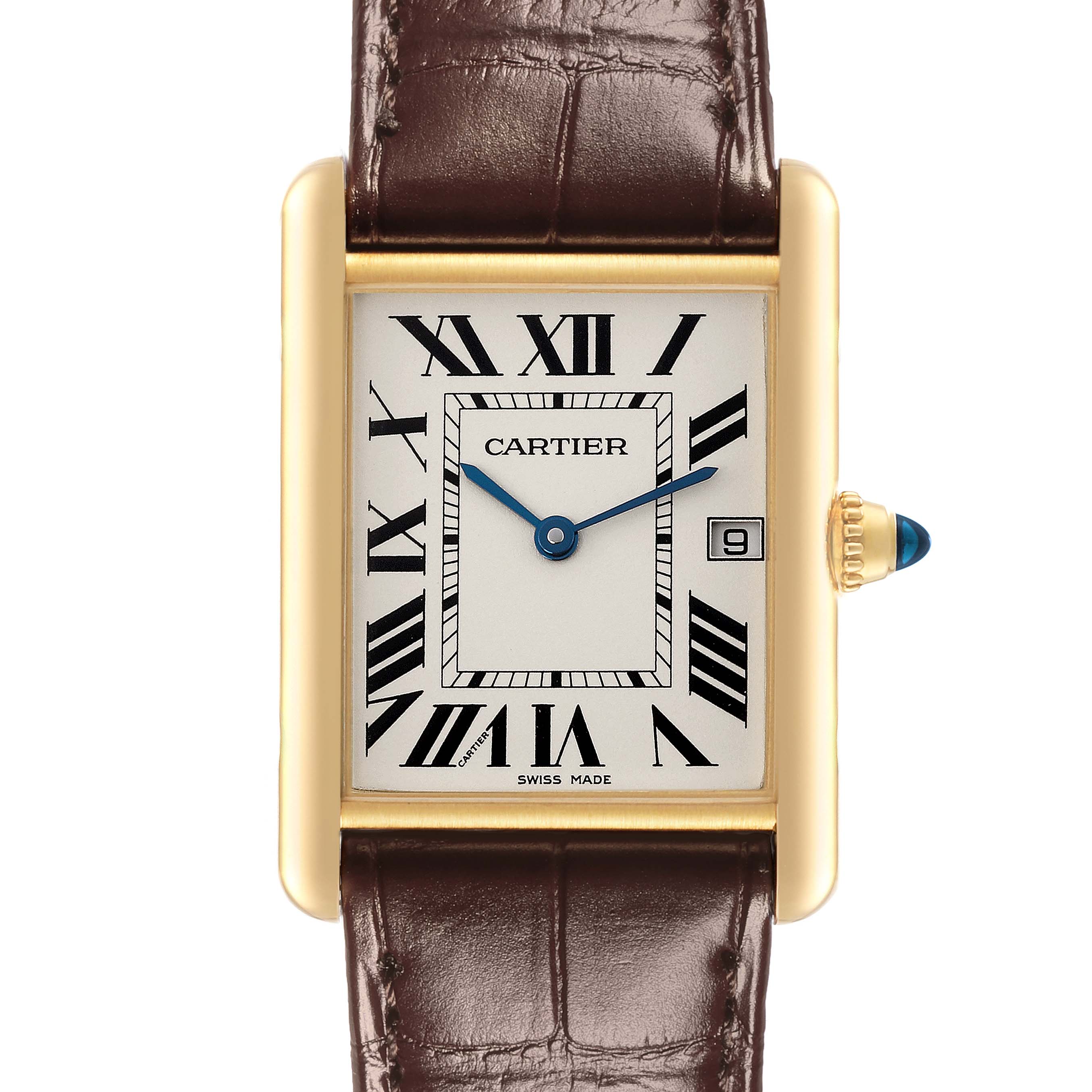 The Cartier Tank Louis W1529756 Men's Yellow Gold Silver Dial W1529756 Men's Yellow Gold Silver Dial watch is shown from the front, displaying its dial, case, crown, and leather strap.