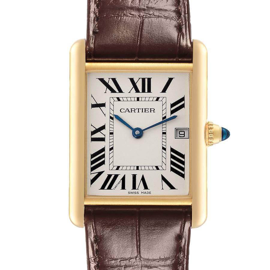 The Cartier Tank Louis watch is shown from the front, displaying its dial, case, crown, and leather strap.