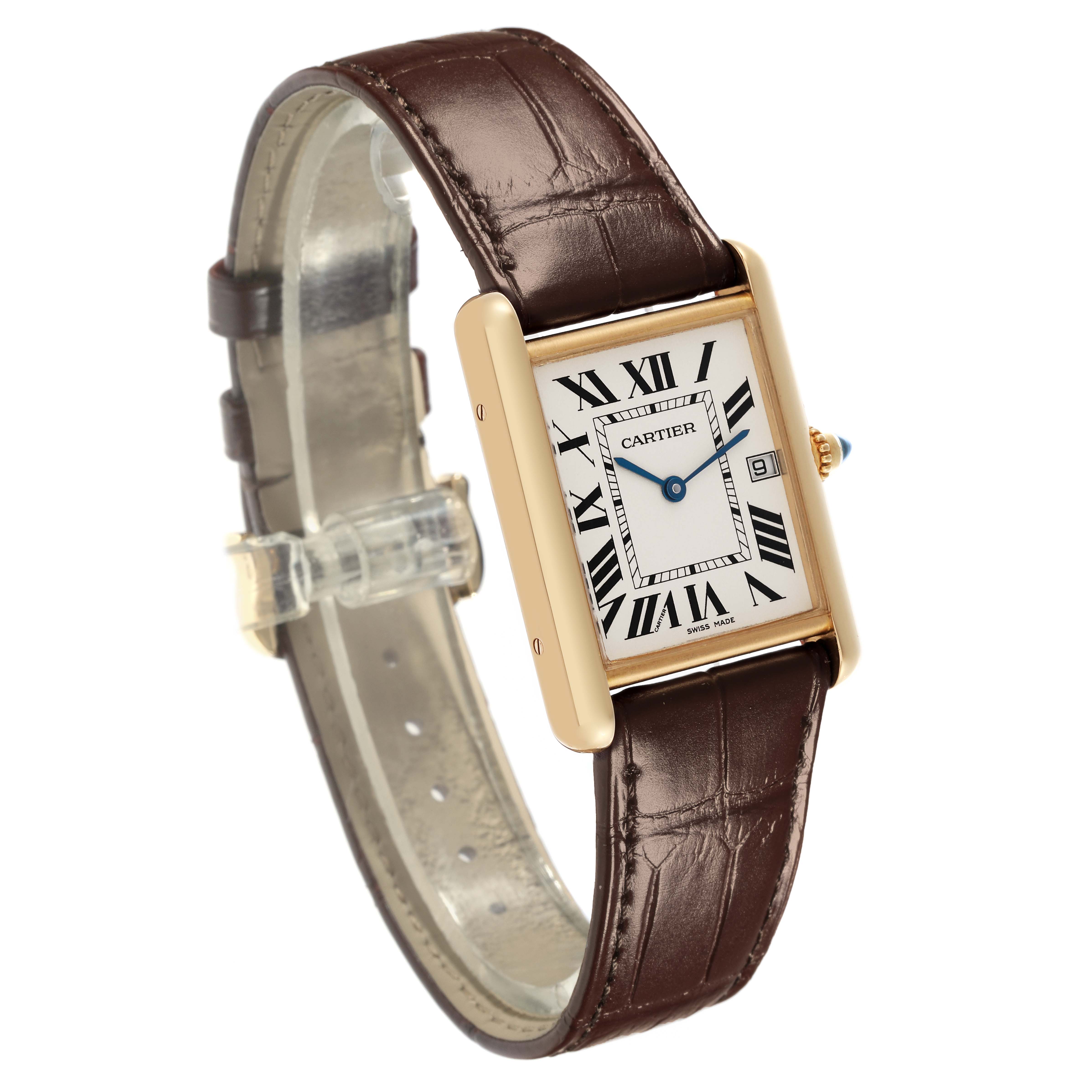 The Cartier Tank Louis W1529756 Men's Yellow Gold Silver Dial W1529756 Men's Yellow Gold Silver Dial watch is shown at a slight angle, displaying its face, case, crown, and brown leather strap.