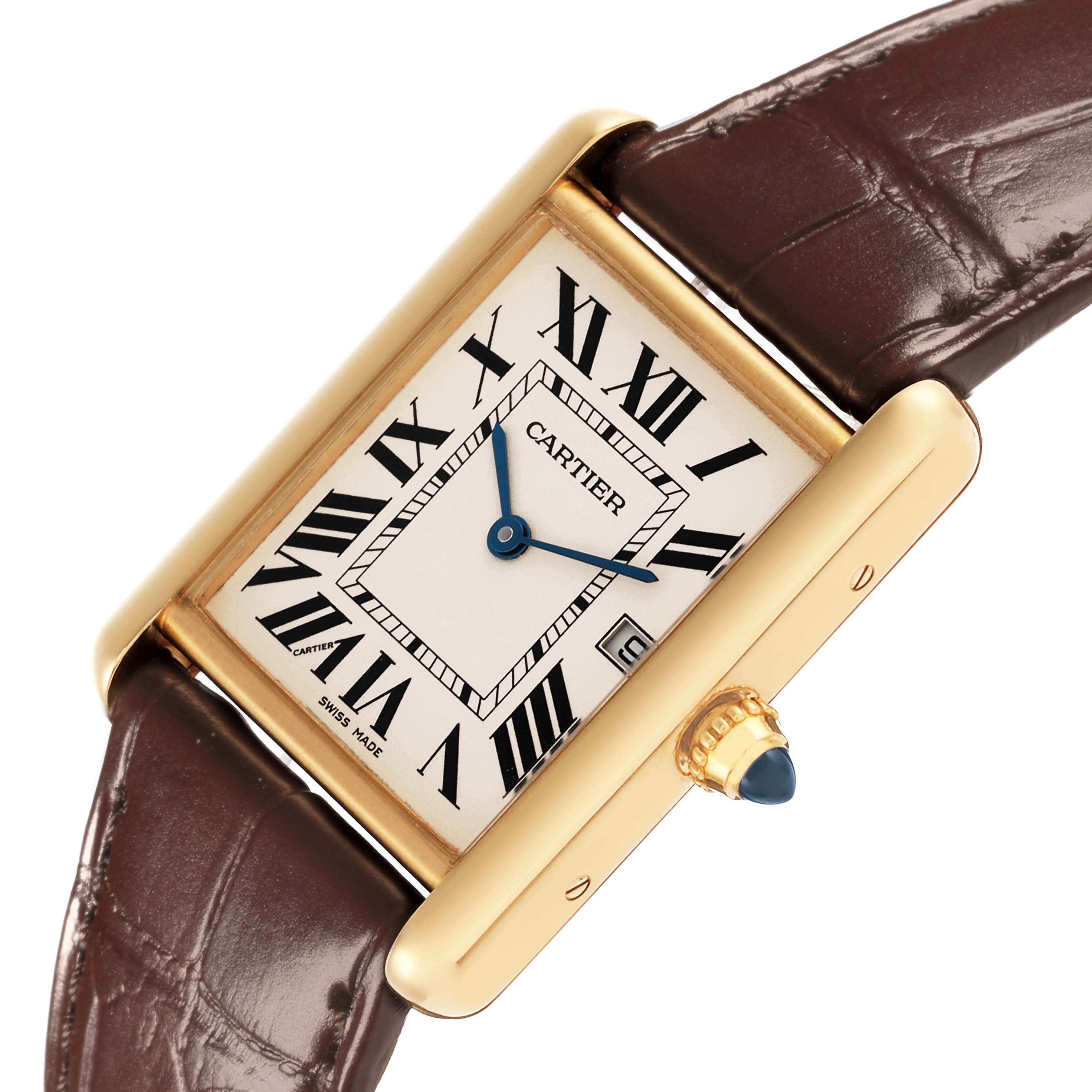The Cartier Tank Louis W1529756 Men's Yellow Gold Silver Dial W1529756 Men's Yellow Gold Silver Dial watch is shown at an angled view highlighting its face, crown, and leather strap.