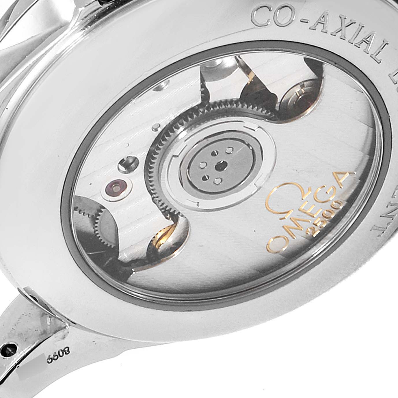 The image shows a rear view of the Omega 4531.31.00  Women
s Stainless Steel Mother of Pearl Dial 4531.31.00  Women
s Stainless Steel Mother of Pearl Dial DeVille Co-Axial 31 MOP Diamond Dial Steel Ladies Watch model 4531.31.00, highlighting its movement mechanism.