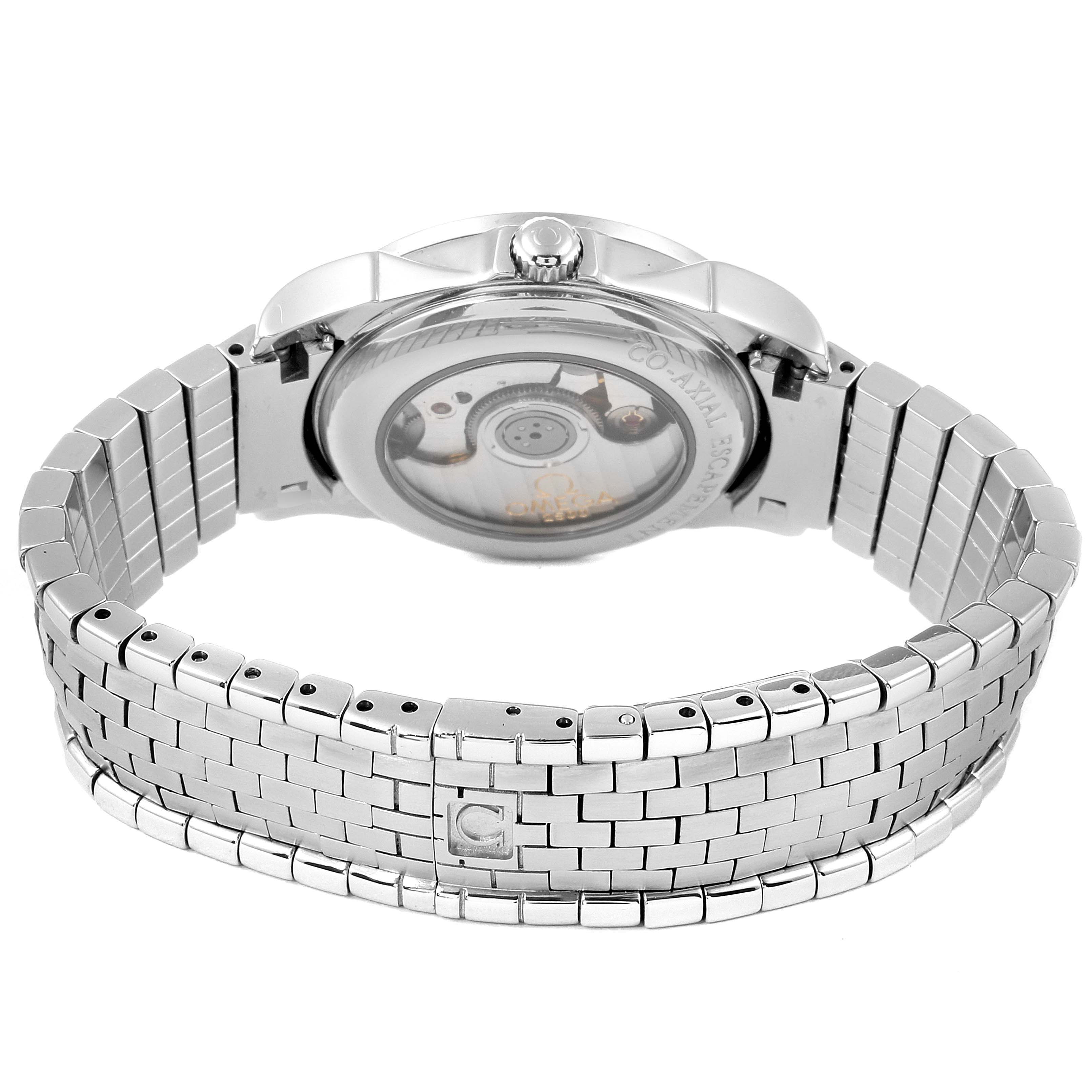 The image shows the back view of the Omega 4531.31.00  Women
s Stainless Steel Mother of Pearl Dial 4531.31.00  Women
s Stainless Steel Mother of Pearl Dial DeVille Co-Axial 31 MOP Diamond Dial Steel Ladies Watch 4531.31.00, focusing on the bracelet and case back.