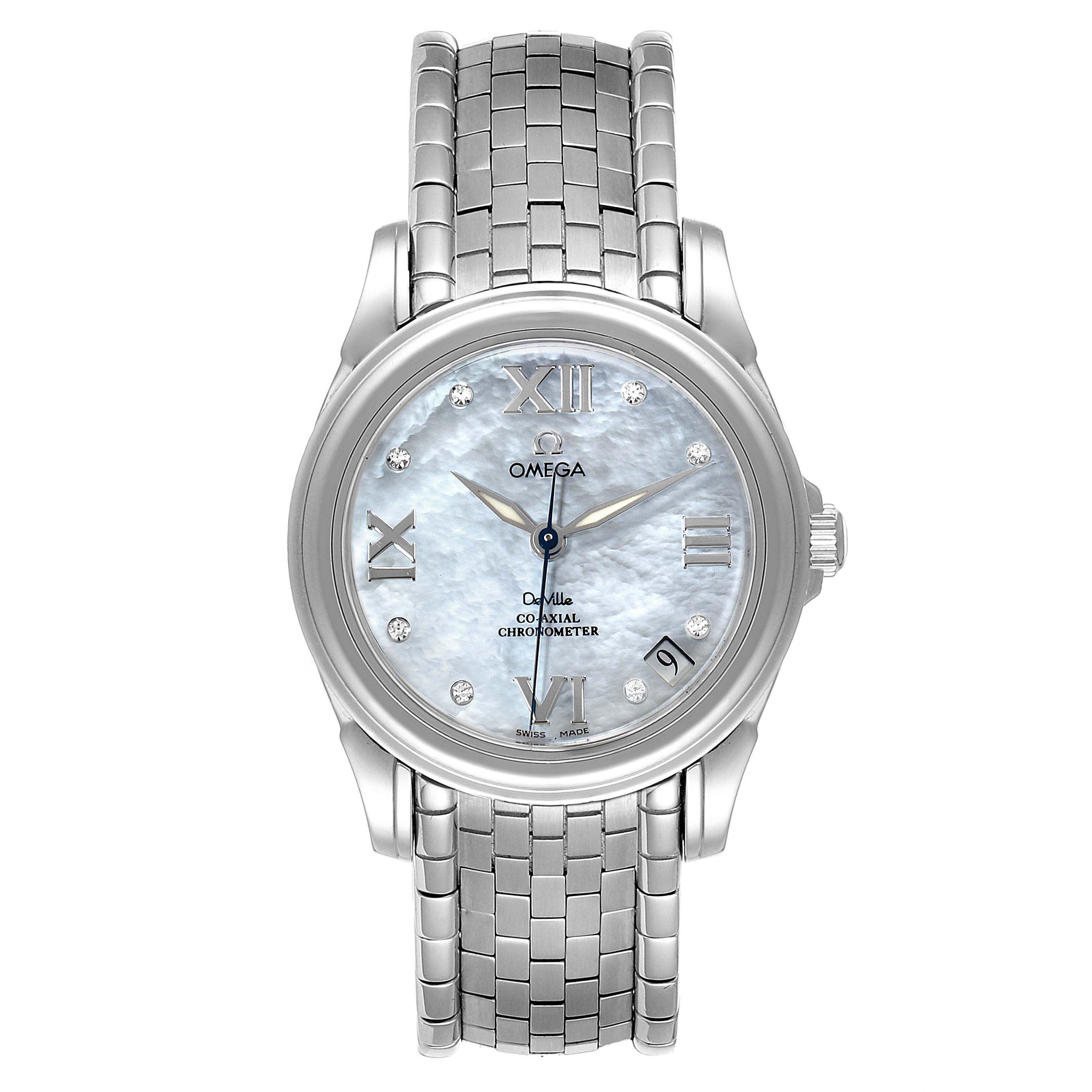 The image shows a frontal view of the Omega 4531.31.00  Women
s Stainless Steel Mother of Pearl Dial 4531.31.00  Women
s Stainless Steel Mother of Pearl Dial DeVille Co-Axial 31 MOP Diamond Dial Steel Ladies Watch 4531.31.00, displaying its face and bracelet.