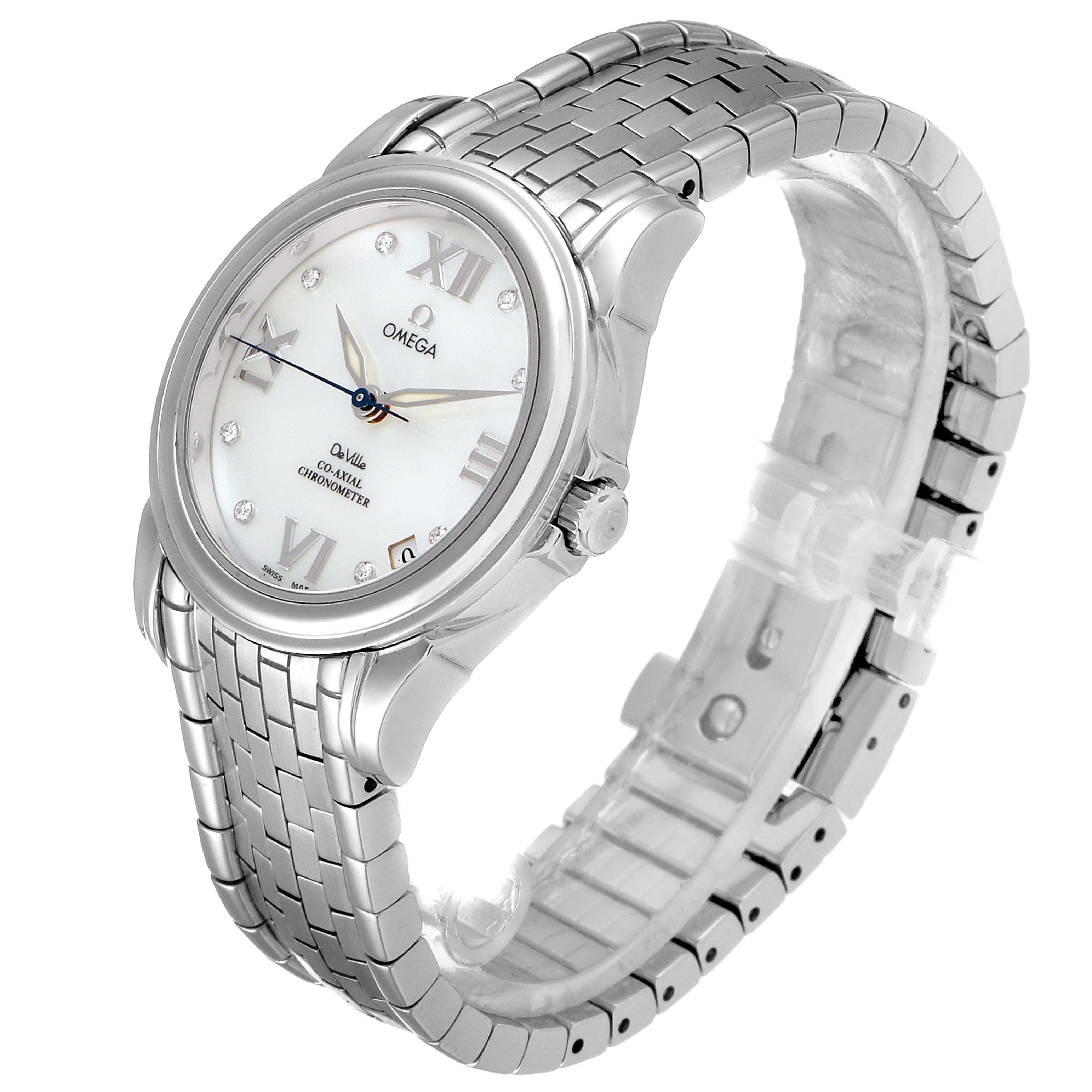 The image shows an angled view of the Omega 4531.31.00  Women
s Stainless Steel Mother of Pearl Dial 4531.31.00  Women
s Stainless Steel Mother of Pearl Dial DeVille Co-Axial 31 MOP Diamond Dial Steel Ladies Watch 4531.31.00, featuring the face and bracelet.