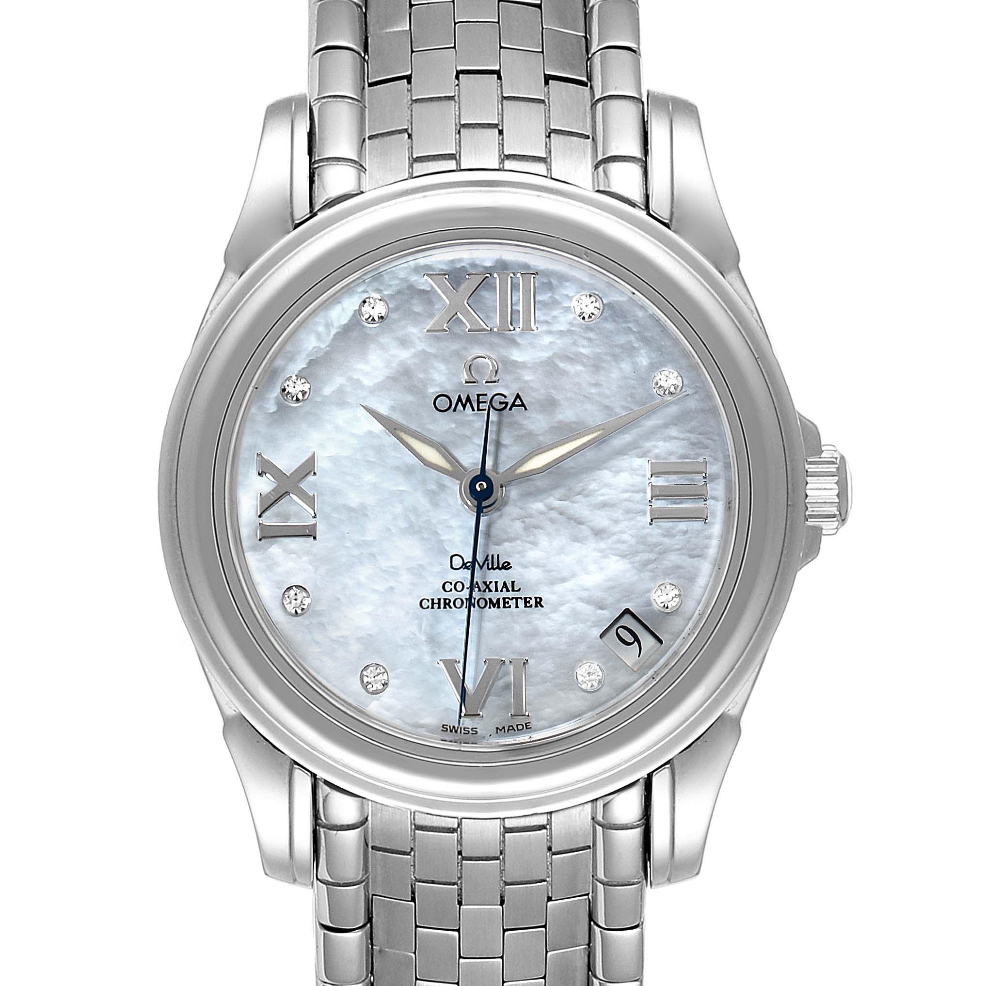 The Omega 4531.31.00  Women
s Stainless Steel Mother of Pearl Dial 4531.31.00  Women
s Stainless Steel Mother of Pearl Dial DeVille Co-Axial 31 MOP Diamond Dial Steel Ladies Watch 4531.31.00 is shown from the front, highlighting the dial and band.
