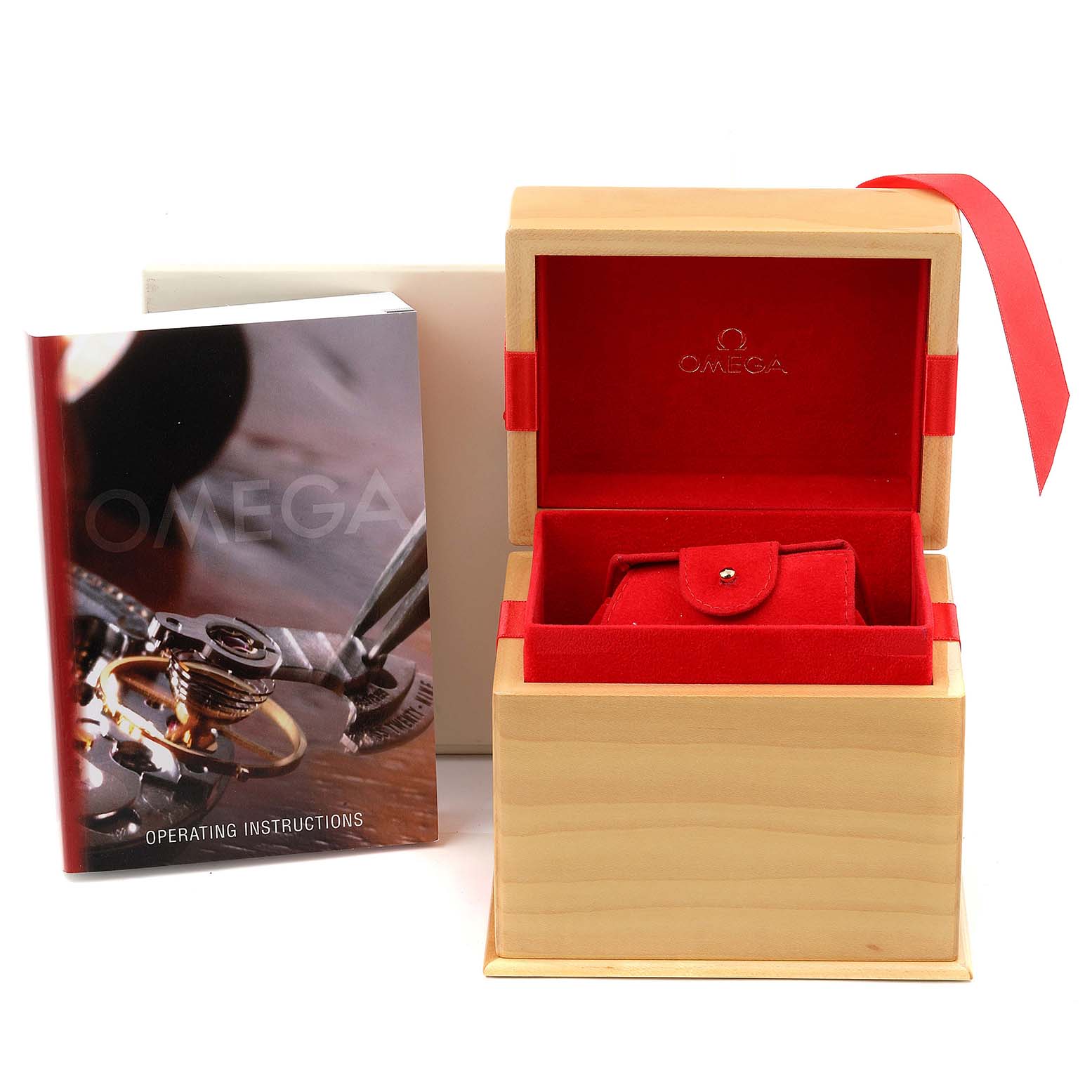 The image shows the packaging and operating instructions for the Omega 4531.31.00  Women
s Stainless Steel Mother of Pearl Dial 4531.31.00  Women
s Stainless Steel Mother of Pearl Dial DeVille Co-Axial 31 MOP Diamond Dial Steel Ladies Watch 4531.31.00.