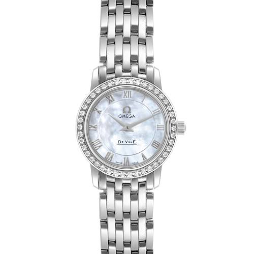 The Omega DeVille 4575.71.00 is shown from a top view, highlighting its mother of pearl dial and diamond-studded bezel.