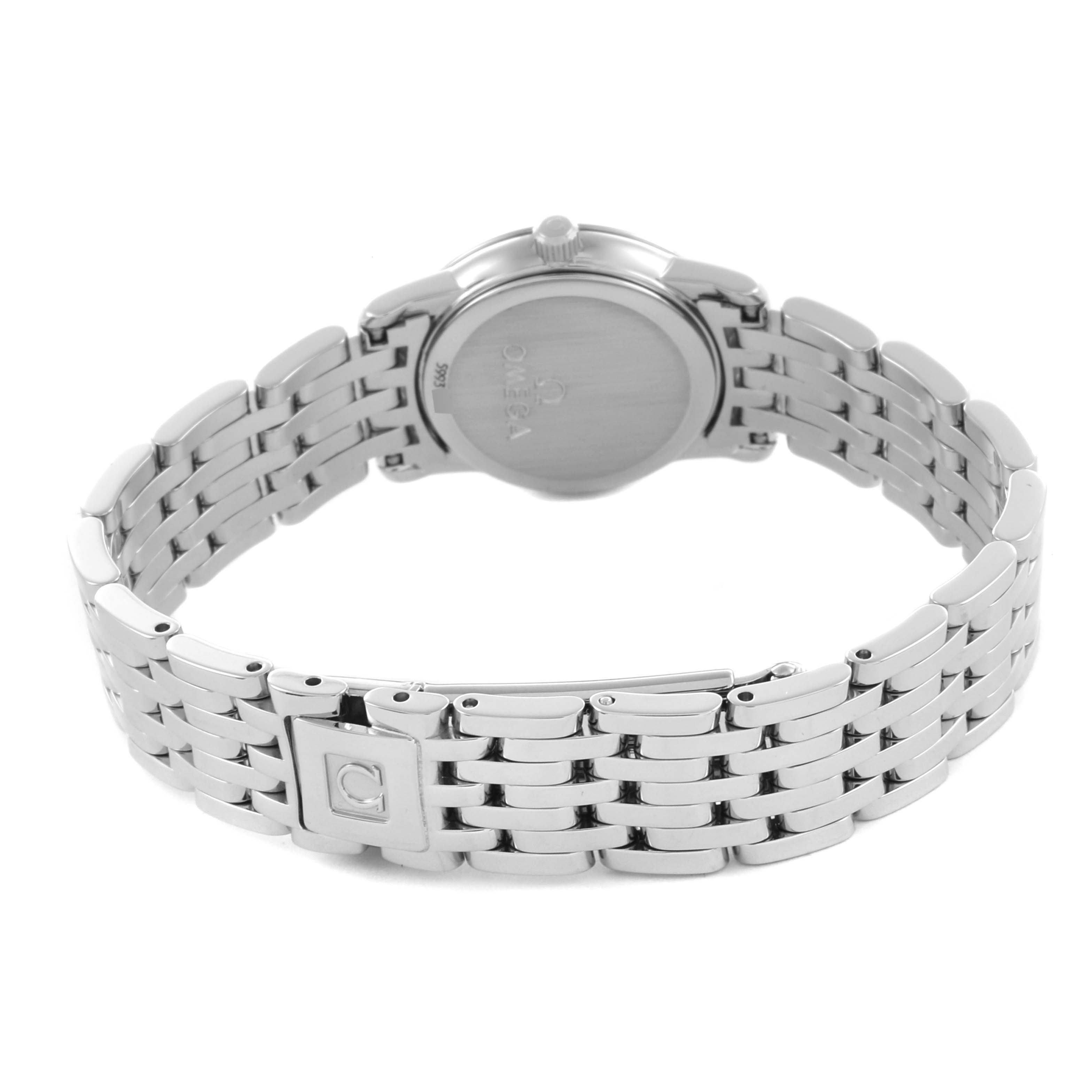 The image shows the back and bracelet of the Omega 4575.71.00 Women's Stainless Steel Mother of Pearl Dial 4575.71.00 Women's Stainless Steel Mother of Pearl Dial DeVille 4575.71.00 watch from a rear angle.