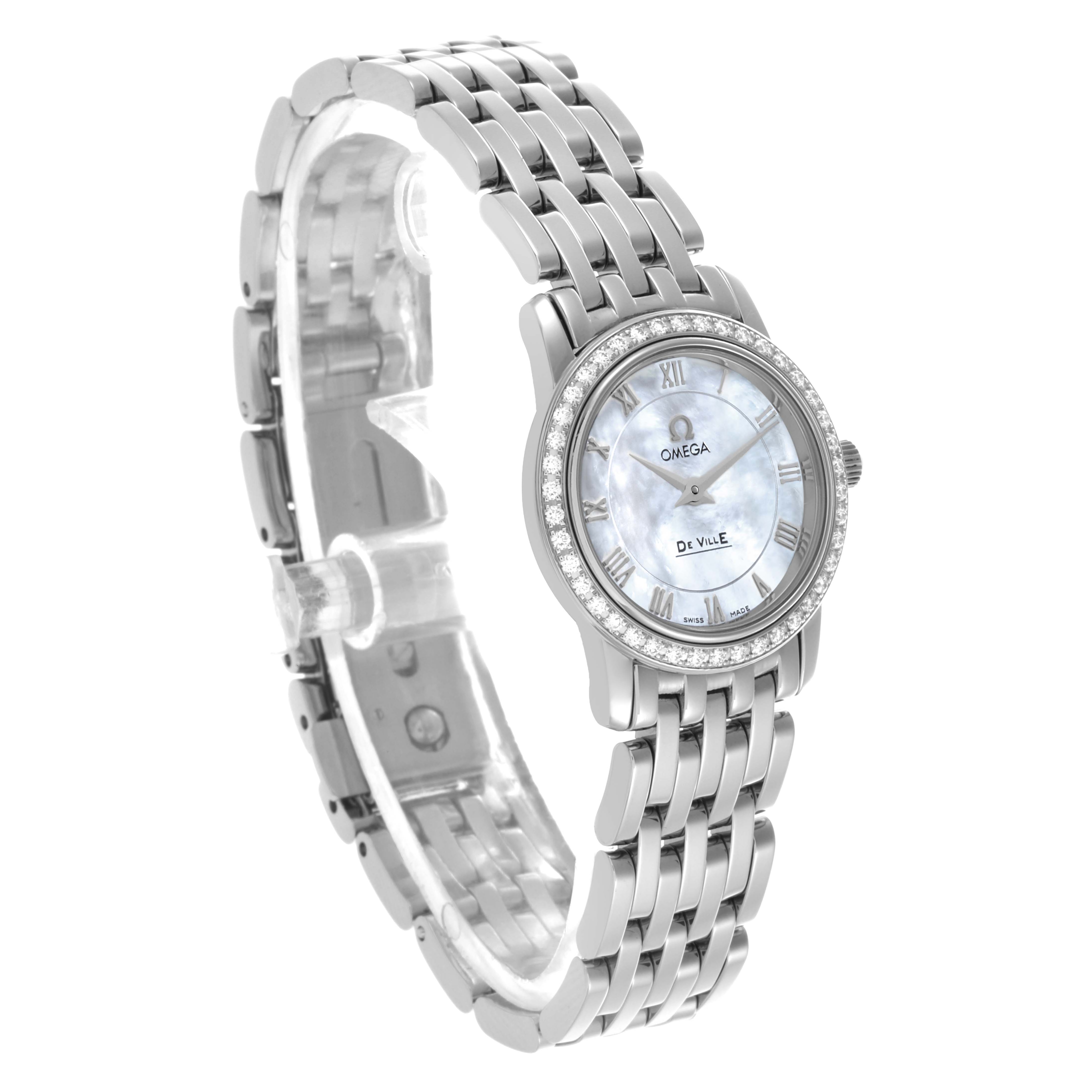 The Omega 4575.71.00 Women's Stainless Steel Mother of Pearl Dial 4575.71.00 Women's Stainless Steel Mother of Pearl Dial DeVille 4575.71.00 watch is shown at a three-quarter angle, highlighting the dial, bezel, and stainless steel bracelet.