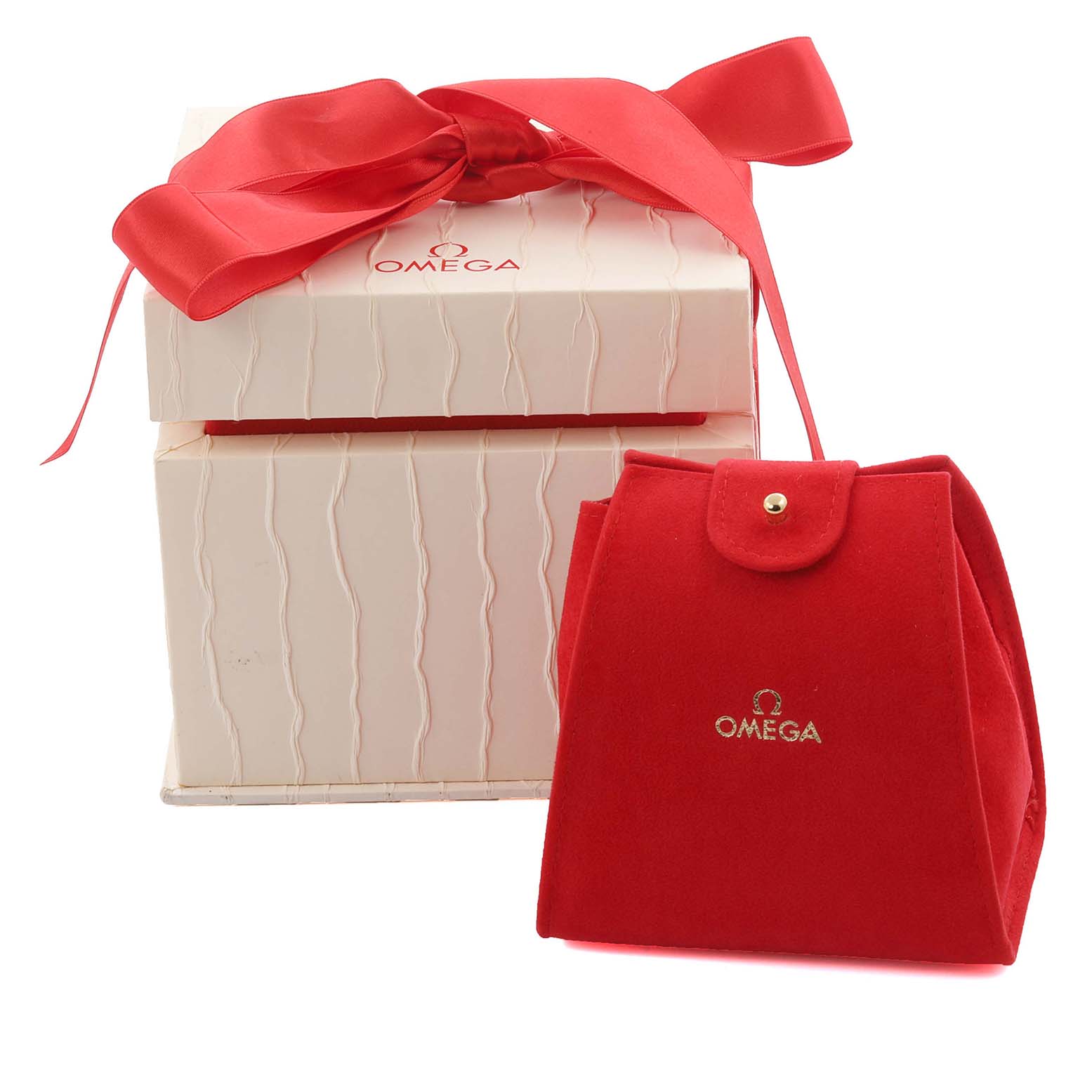 The image shows Omega 4575.71.00 Women's Stainless Steel Mother of Pearl Dial 4575.71.00 Women's Stainless Steel Mother of Pearl Dial packaging for the DeVille model, featuring a red bag and a white box with a ribbon.