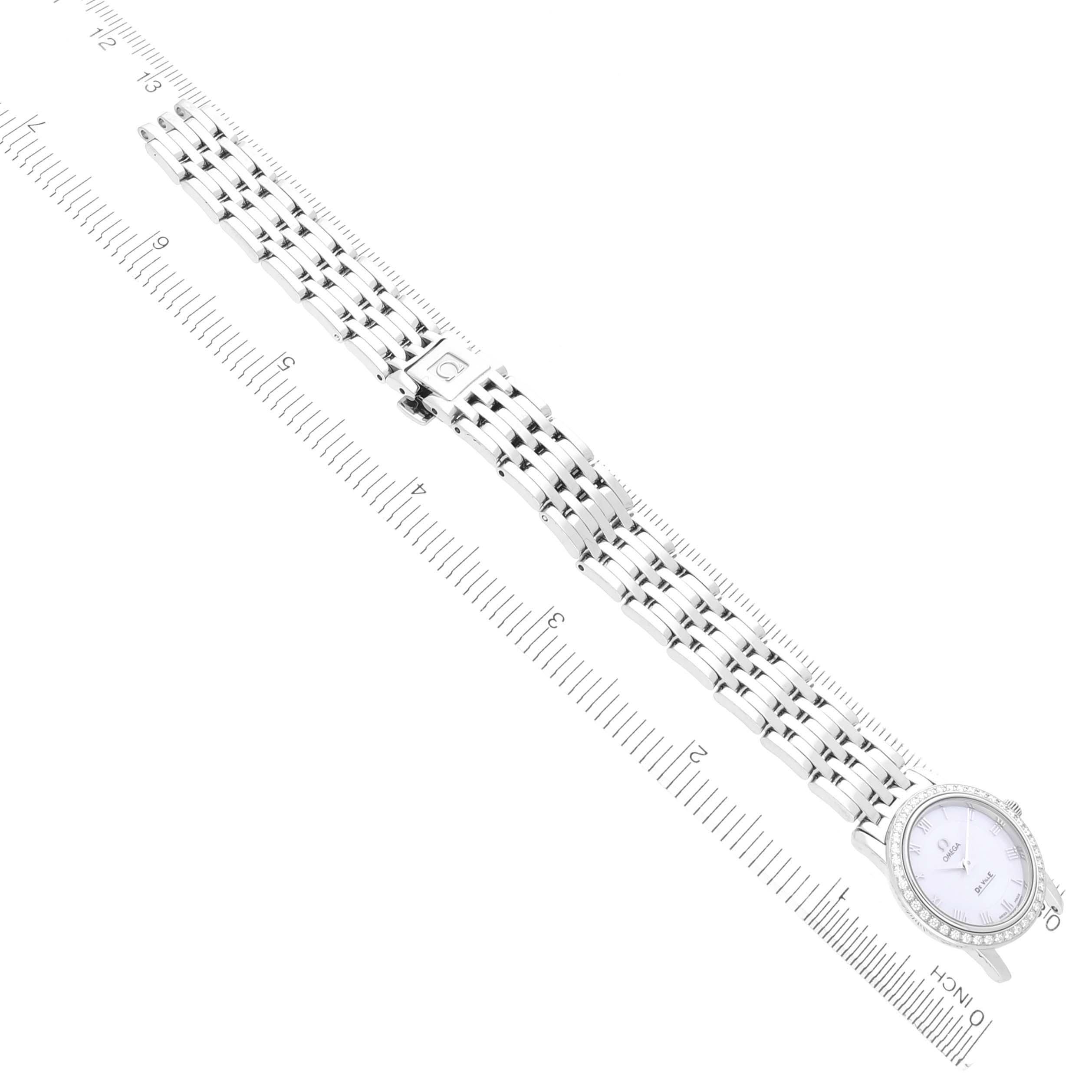 The Omega 4575.71.00 Women's Stainless Steel Mother of Pearl Dial 4575.71.00 Women's Stainless Steel Mother of Pearl Dial DeVille 4575.71.00 watch is shown from a top view highlighting the face, dial, and full bracelet length.