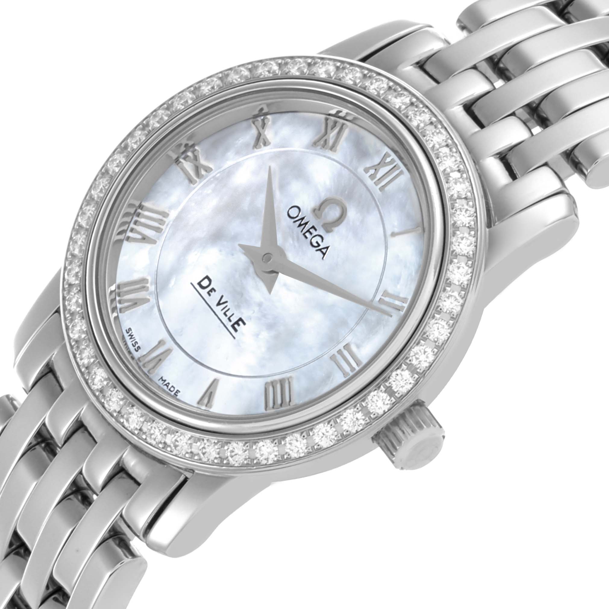 The Omega 4575.71.00 Women's Stainless Steel Mother of Pearl Dial 4575.71.00 Women's Stainless Steel Mother of Pearl Dial DeVille 4575.71.00 watch is shown at an angle revealing the mother of pearl dial, diamond bezel, and stainless steel bracelet.