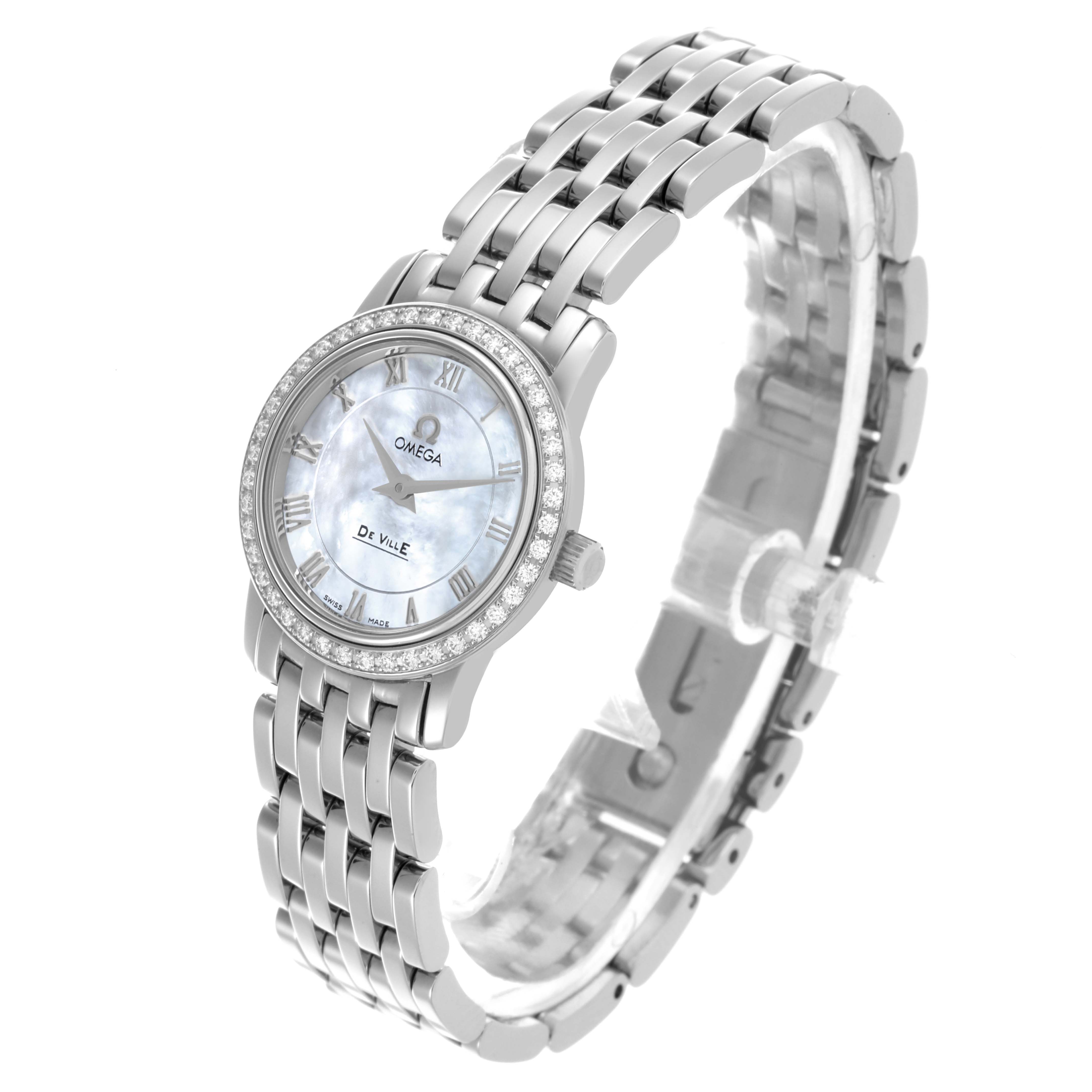 The Omega 4575.71.00 Women's Stainless Steel Mother of Pearl Dial 4575.71.00 Women's Stainless Steel Mother of Pearl Dial DeVille 4575.71.00 watch is shown at a three-quarter angle, highlighting its mother of pearl dial and diamond bezel.