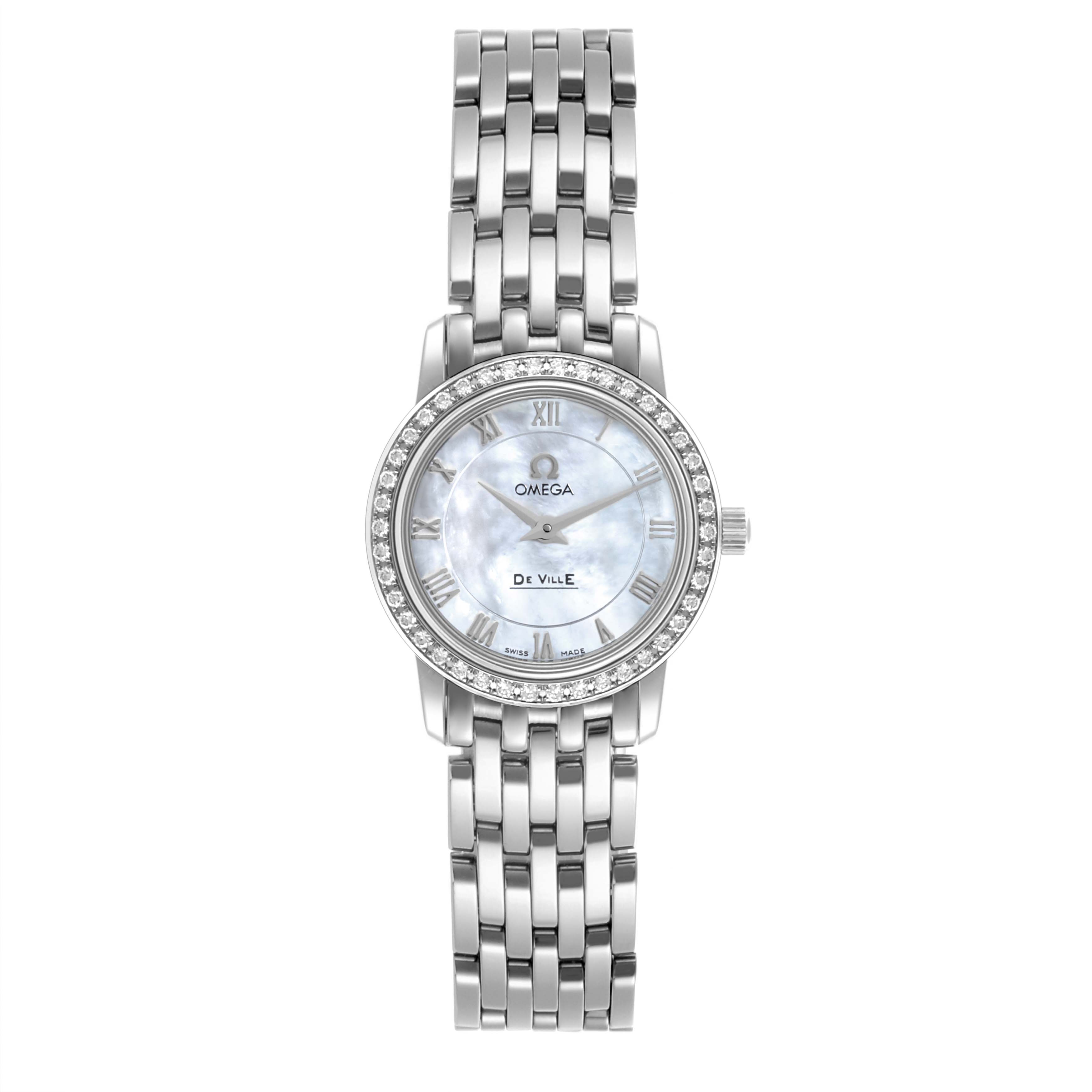 The image shows a front view of the Omega 4575.71.00 Women's Stainless Steel Mother of Pearl Dial 4575.71.00 Women's Stainless Steel Mother of Pearl Dial DeVille 4575.71.00 watch, highlighting its mother of pearl dial and diamond bezel.