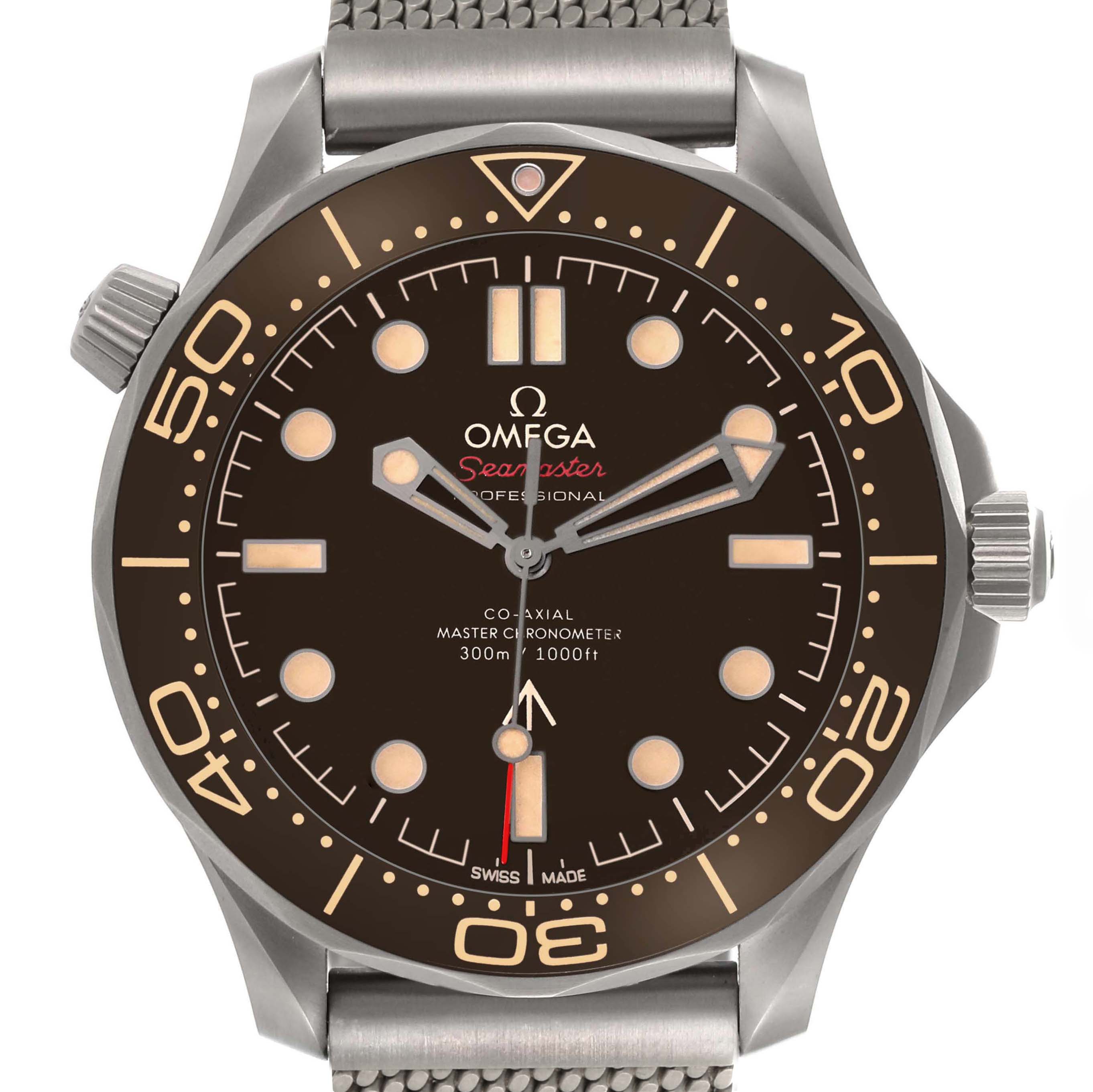 The Omega Seamaster 210.90.42.20.01.001 Men's Titanium Brown Dial 210.90.42.20.01.001 Men's Titanium Brown Dial watch is shown from the front, displaying its dial, bezel, and a portion of the bracelet.