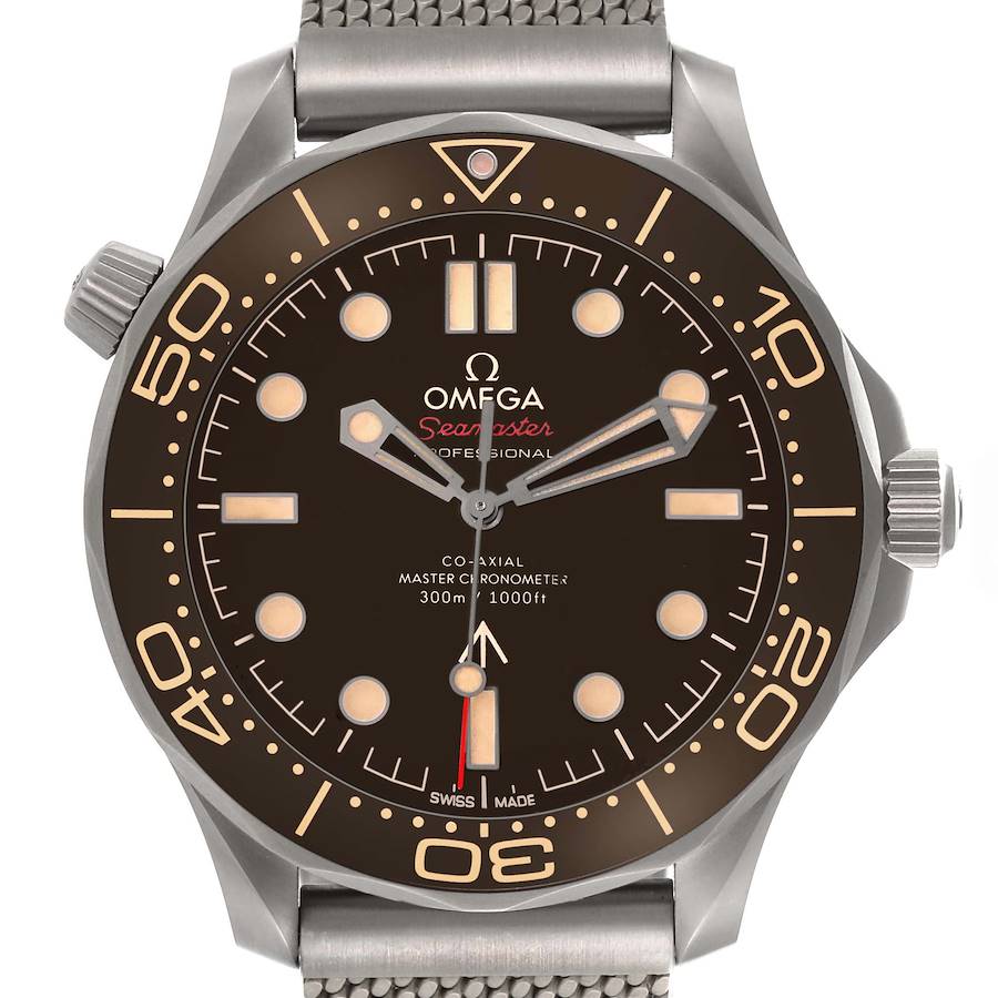 The Omega Seamaster watch is shown from the front, displaying its dial, bezel, and a portion of the bracelet.