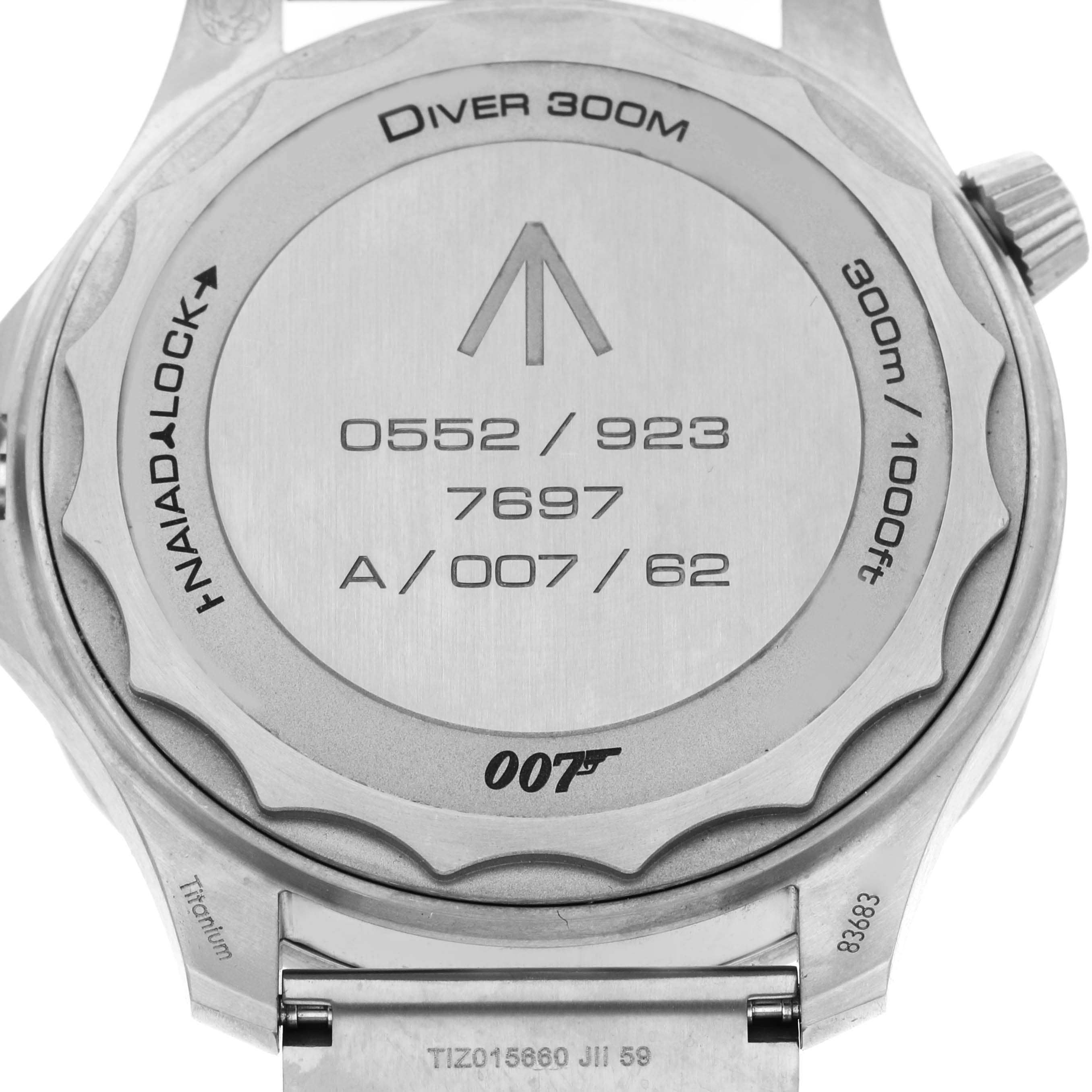 The image shows the back case of an Omega Seamaster 210.90.42.20.01.001 Men's Titanium Brown Dial 210.90.42.20.01.001 Men's Titanium Brown Dial model, highlighting its Naiad lock system and engraving details.