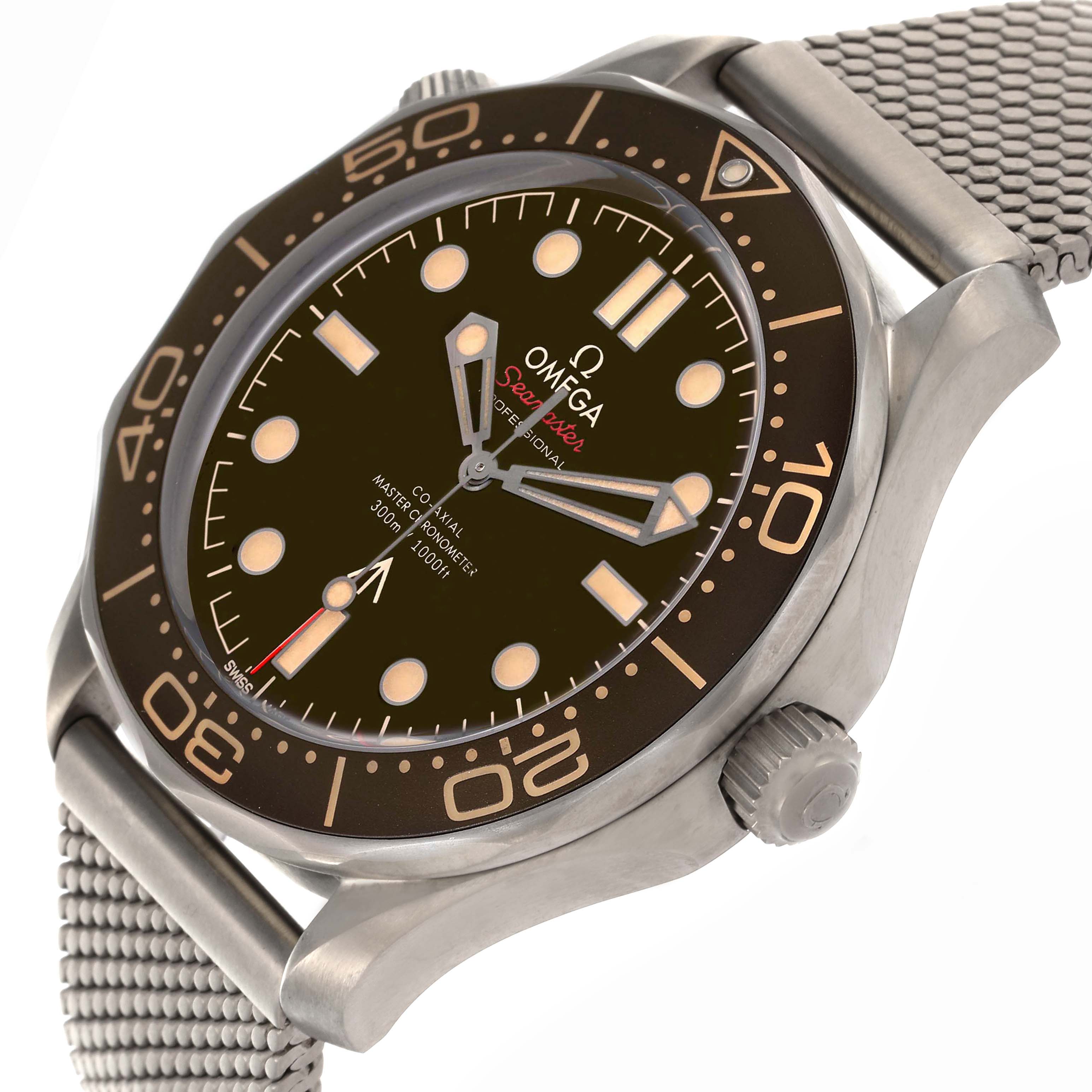 The Omega Seamaster 210.90.42.20.01.001 Men's Titanium Brown Dial 210.90.42.20.01.001 Men's Titanium Brown Dial watch is shown from a side angle, highlighting the face, bezel, crown, and stainless steel mesh strap.