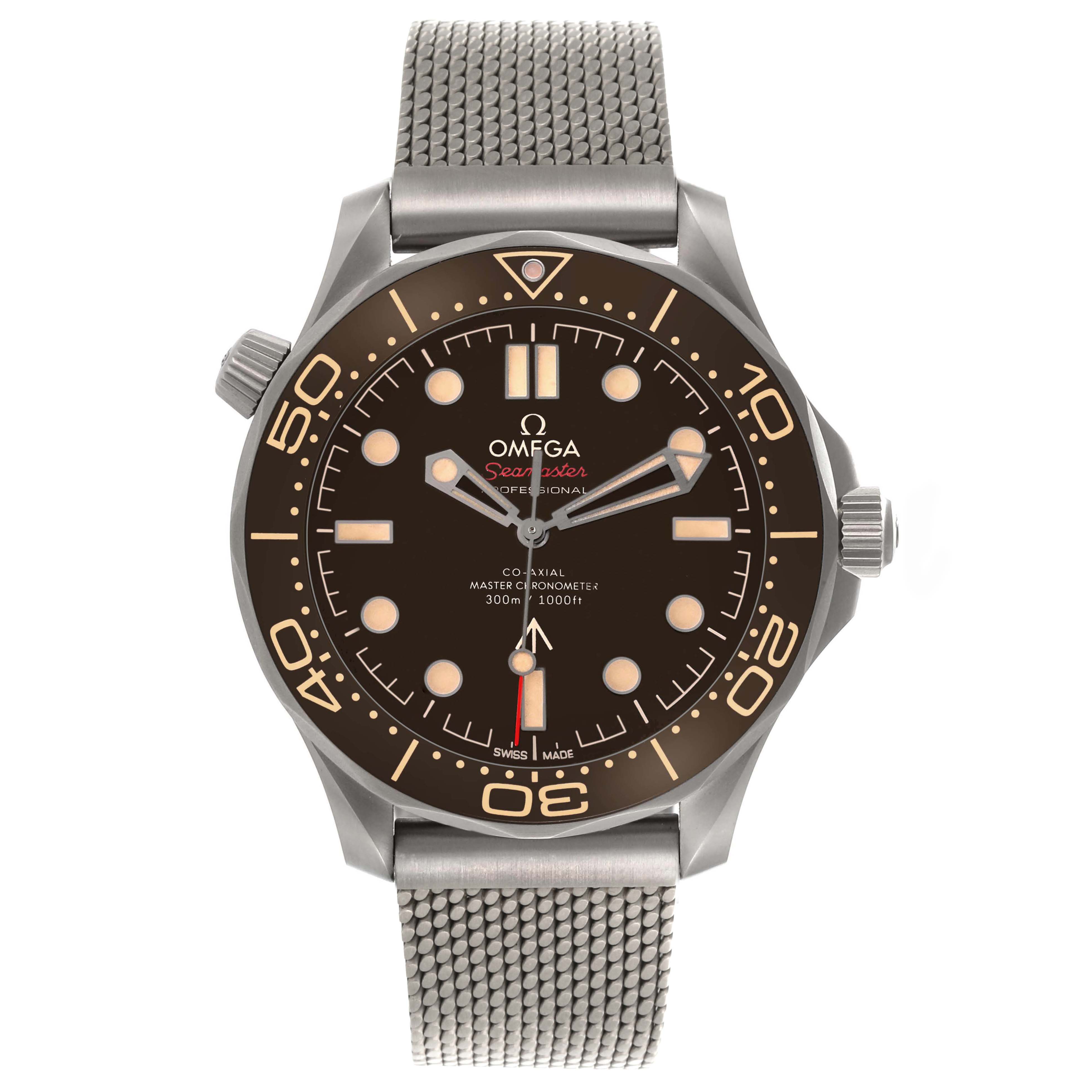 The Omega Seamaster 210.90.42.20.01.001 Men's Titanium Brown Dial 210.90.42.20.01.001 Men's Titanium Brown Dial watch is shown from the front, displaying the dial, bezel, and mesh strap.