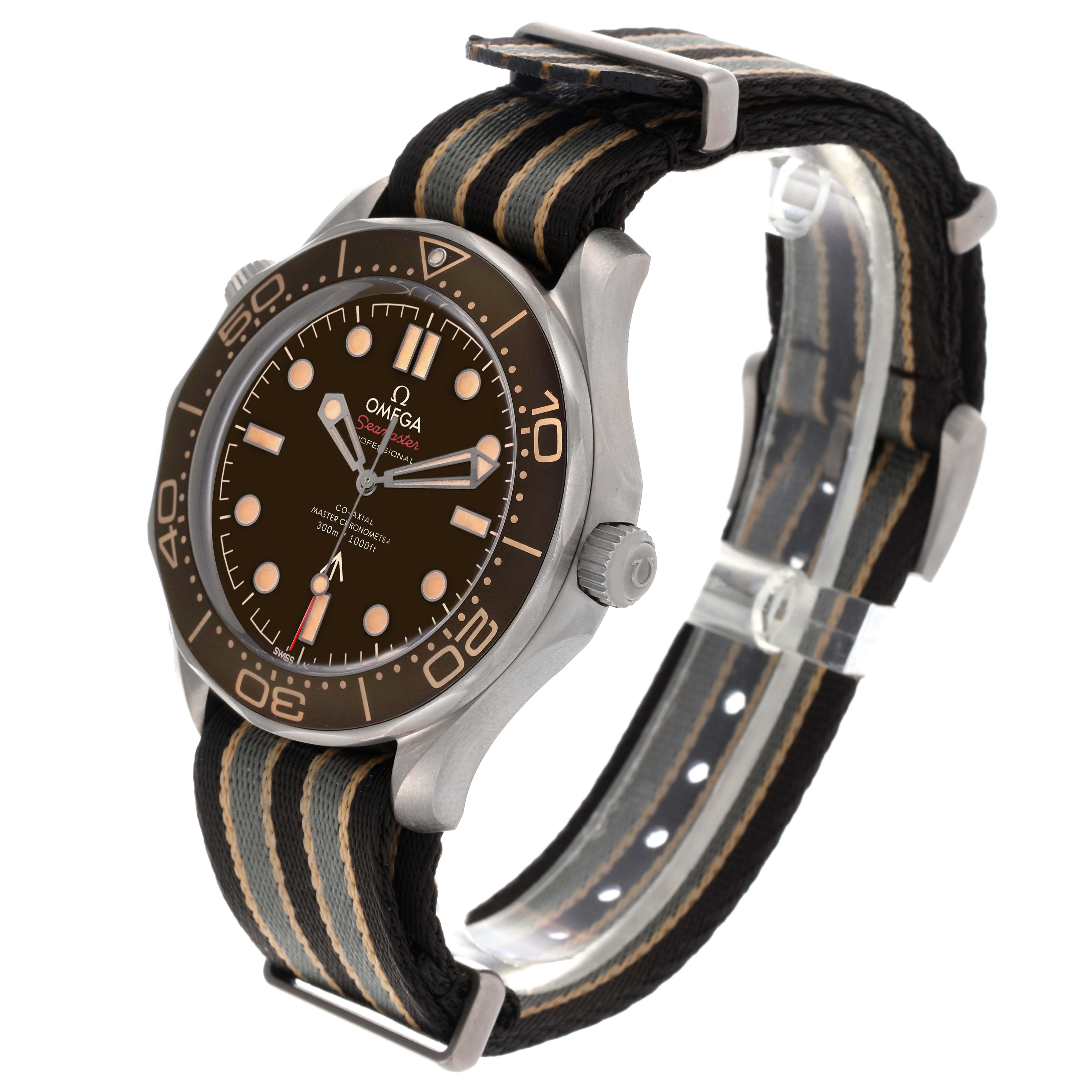 The Omega Seamaster 210.92.42.20.01.001 Men's Titanium Brown Dial 210.92.42.20.01.001 Men's Titanium Brown Dial watch is shown at an angle displaying the dial, bezel, crown, and striped fabric strap.
