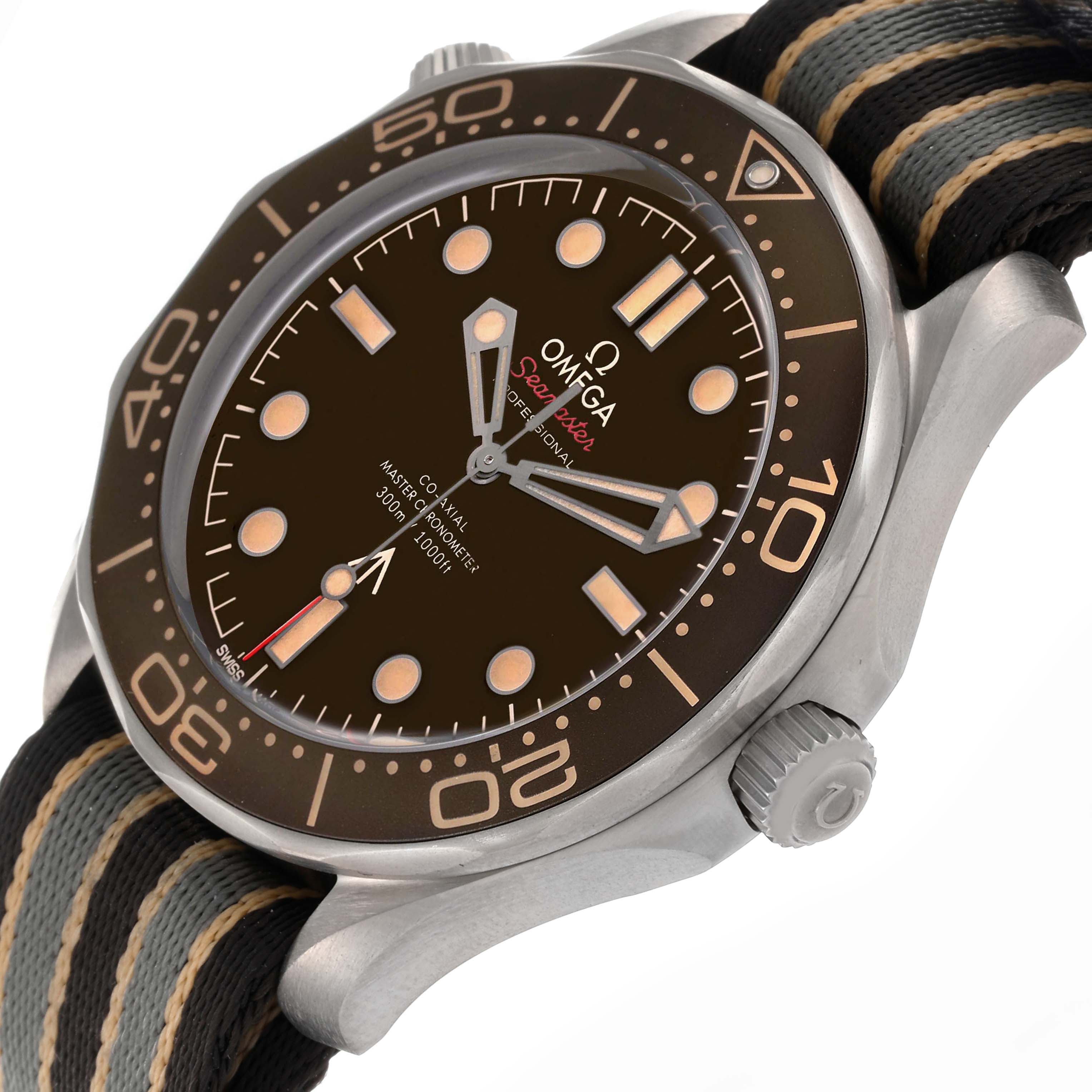 The Omega Seamaster 210.92.42.20.01.001 Men's Titanium Brown Dial 210.92.42.20.01.001 Men's Titanium Brown Dial watch is shown at an oblique angle featuring its dial, bezel, crown, and strap.