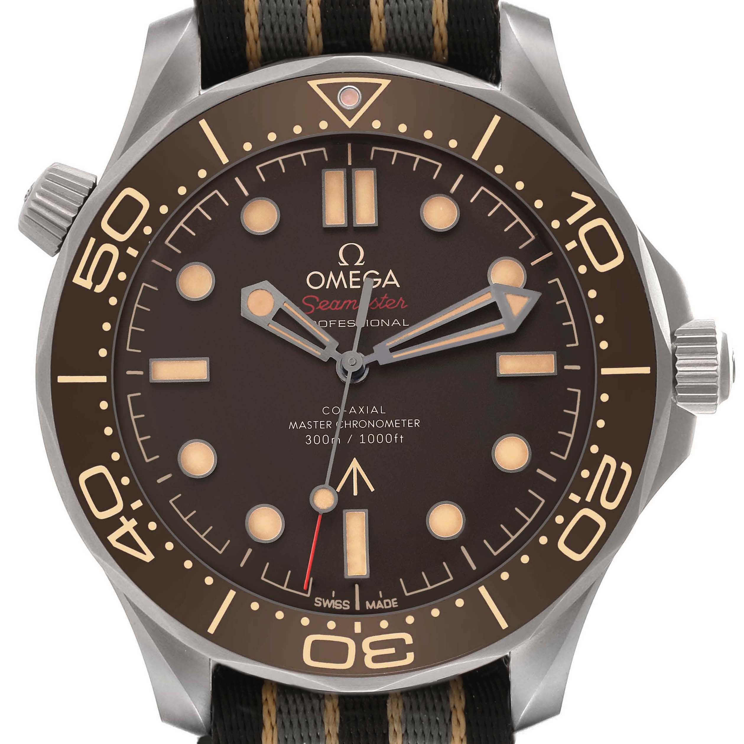 The Omega Seamaster 210.92.42.20.01.001 Men's Titanium Brown Dial 210.92.42.20.01.001 Men's Titanium Brown Dial watch is shown from the front, displaying its dial, bezel, and strap.