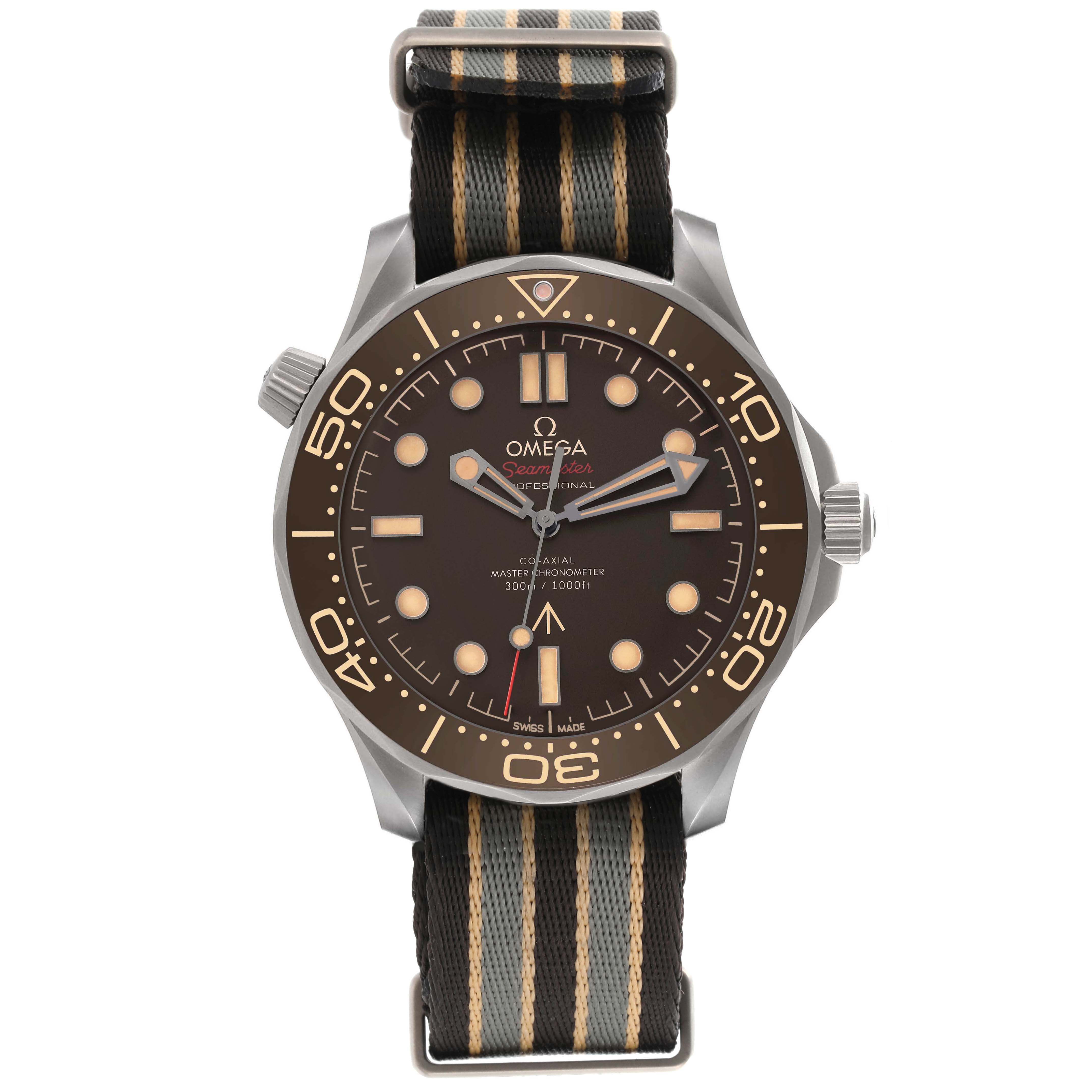 The Omega Seamaster 210.92.42.20.01.001 Men's Titanium Brown Dial 210.92.42.20.01.001 Men's Titanium Brown Dial watch is shown from the front, displaying the dial, bezel, and NATO strap.