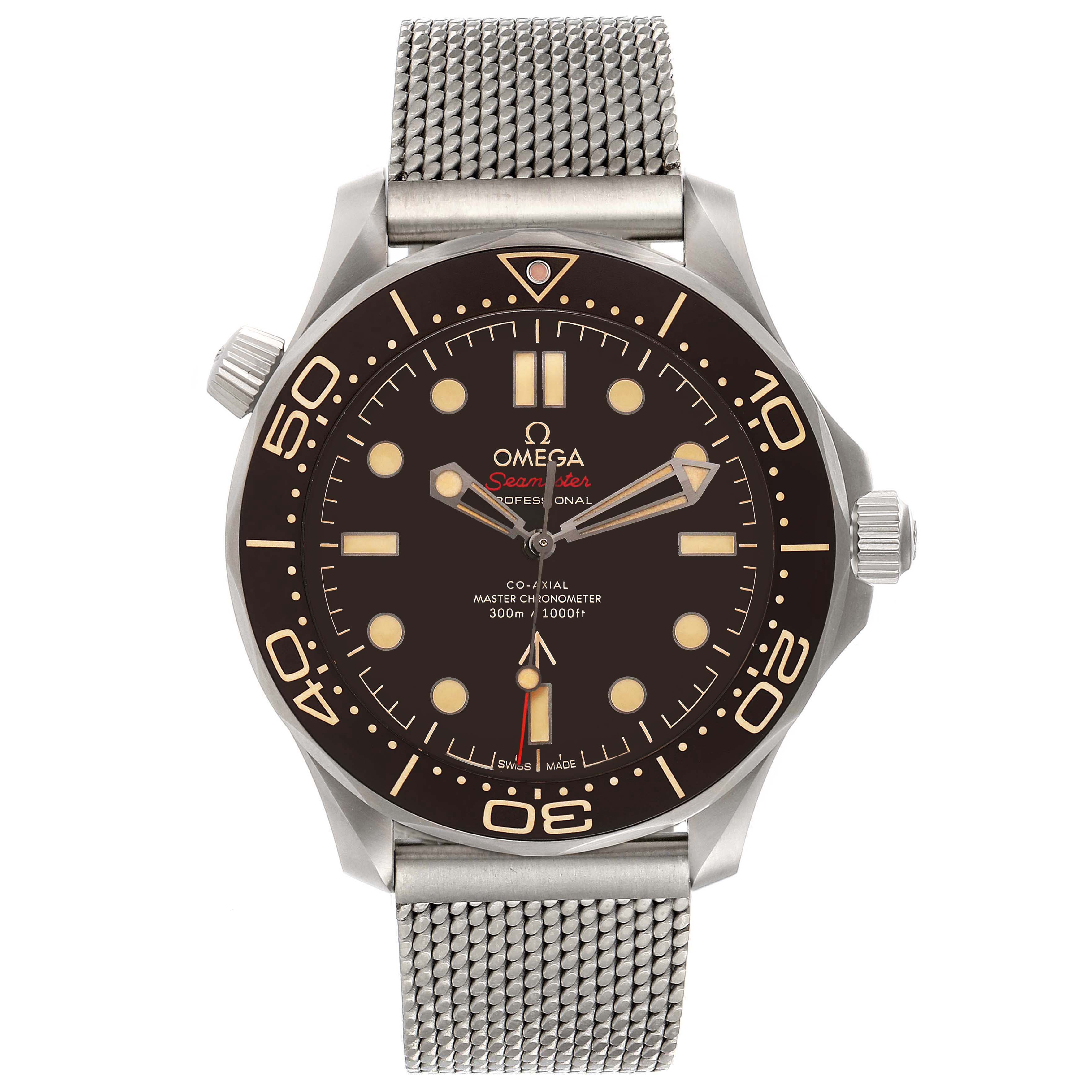 The image shows a front view of the Omega Seamaster 210.90.42.20.01.001 Men's Titanium Brown Dial 210.90.42.20.01.001 Men's Titanium Brown Dial watch, displaying its dial, bezel, crown, and metal mesh strap.