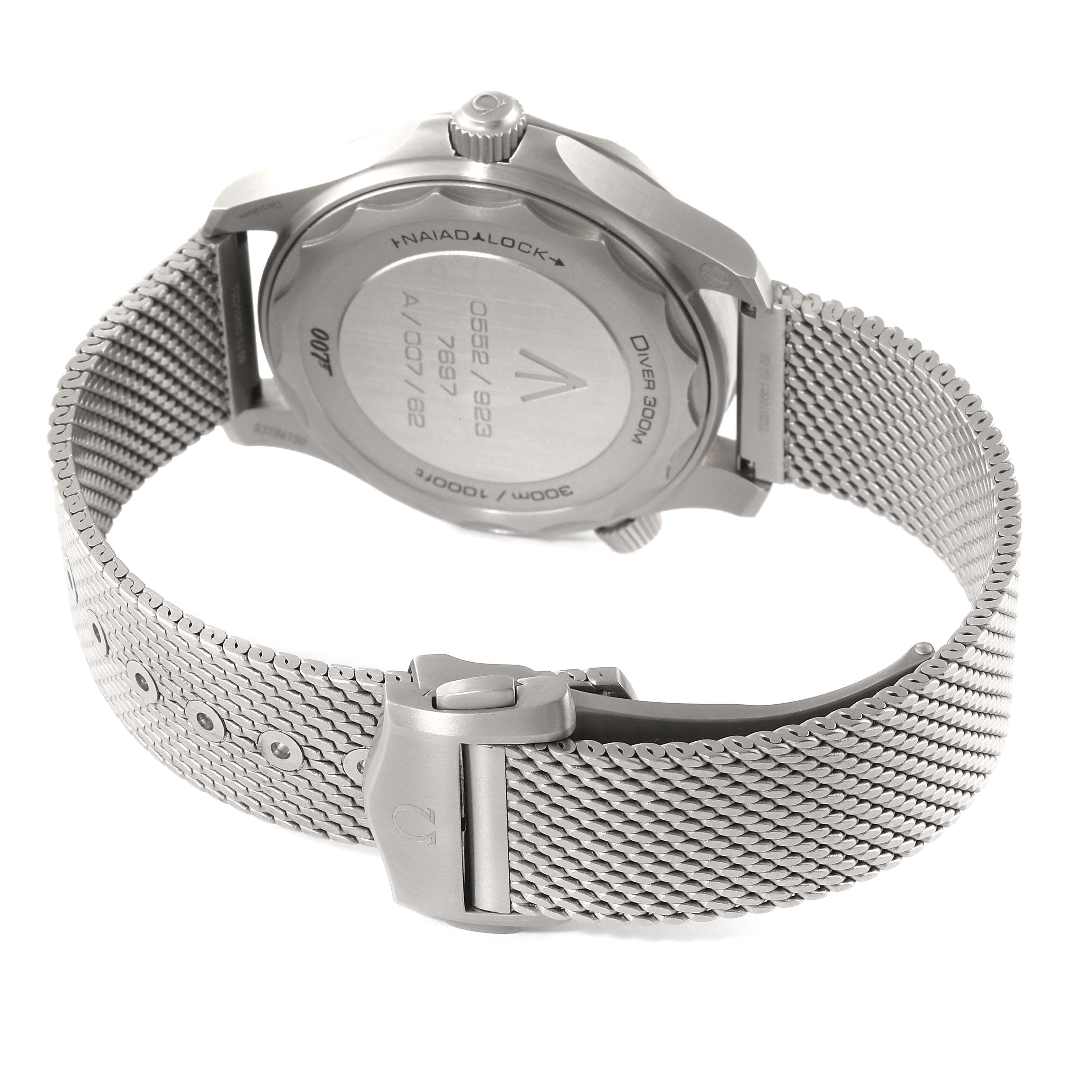 The image shows the back view of an Omega Seamaster 210.90.42.20.01.001 Men's Titanium Brown Dial 210.90.42.20.01.001 Men's Titanium Brown Dial watch, highlighting the case back, crown, and mesh bracelet with its clasp.