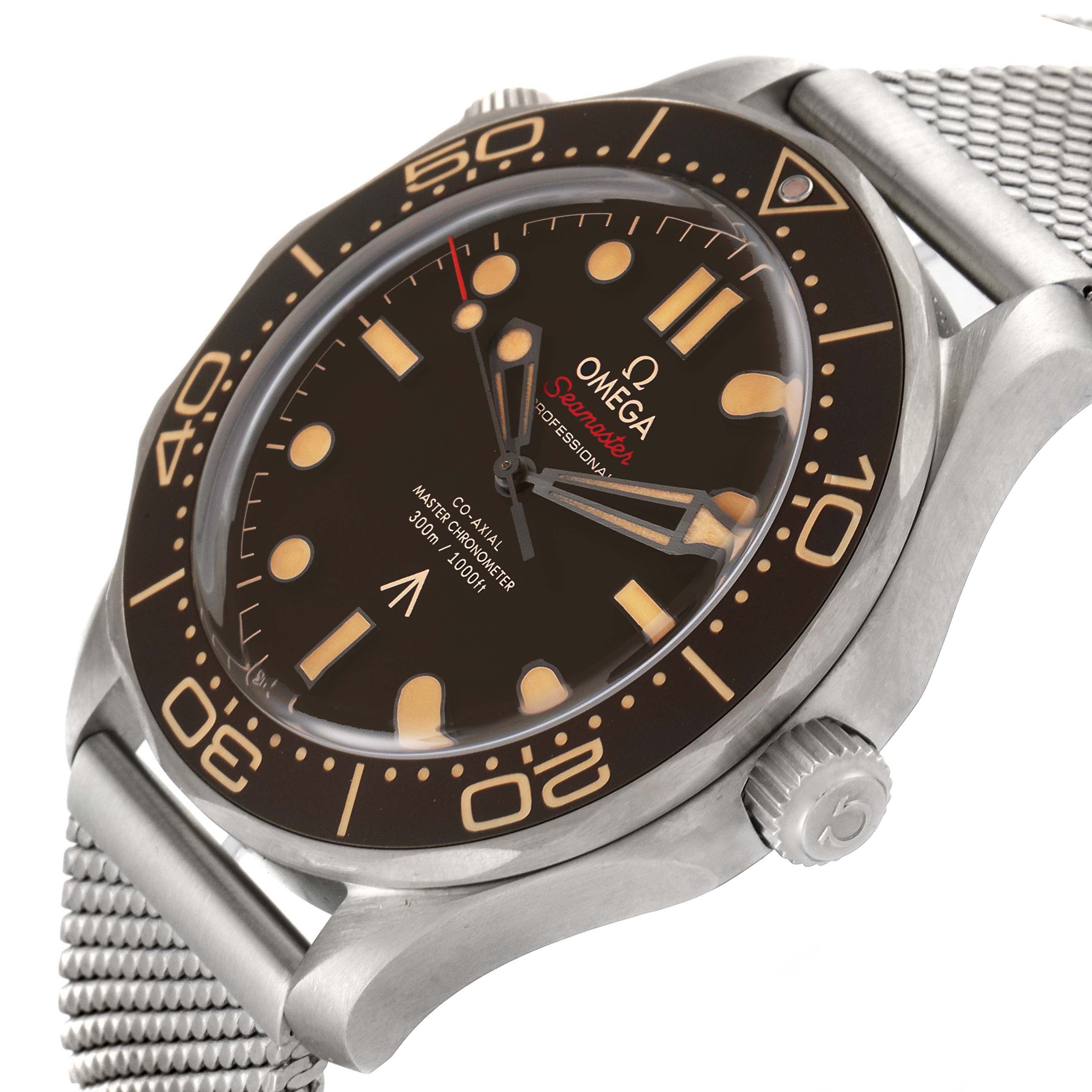 This image shows a side-angle view of the Omega Seamaster 210.90.42.20.01.001 Men's Titanium Brown Dial 210.90.42.20.01.001 Men's Titanium Brown Dial watch, highlighting the bezel, dial, crown, and part of the mesh strap.