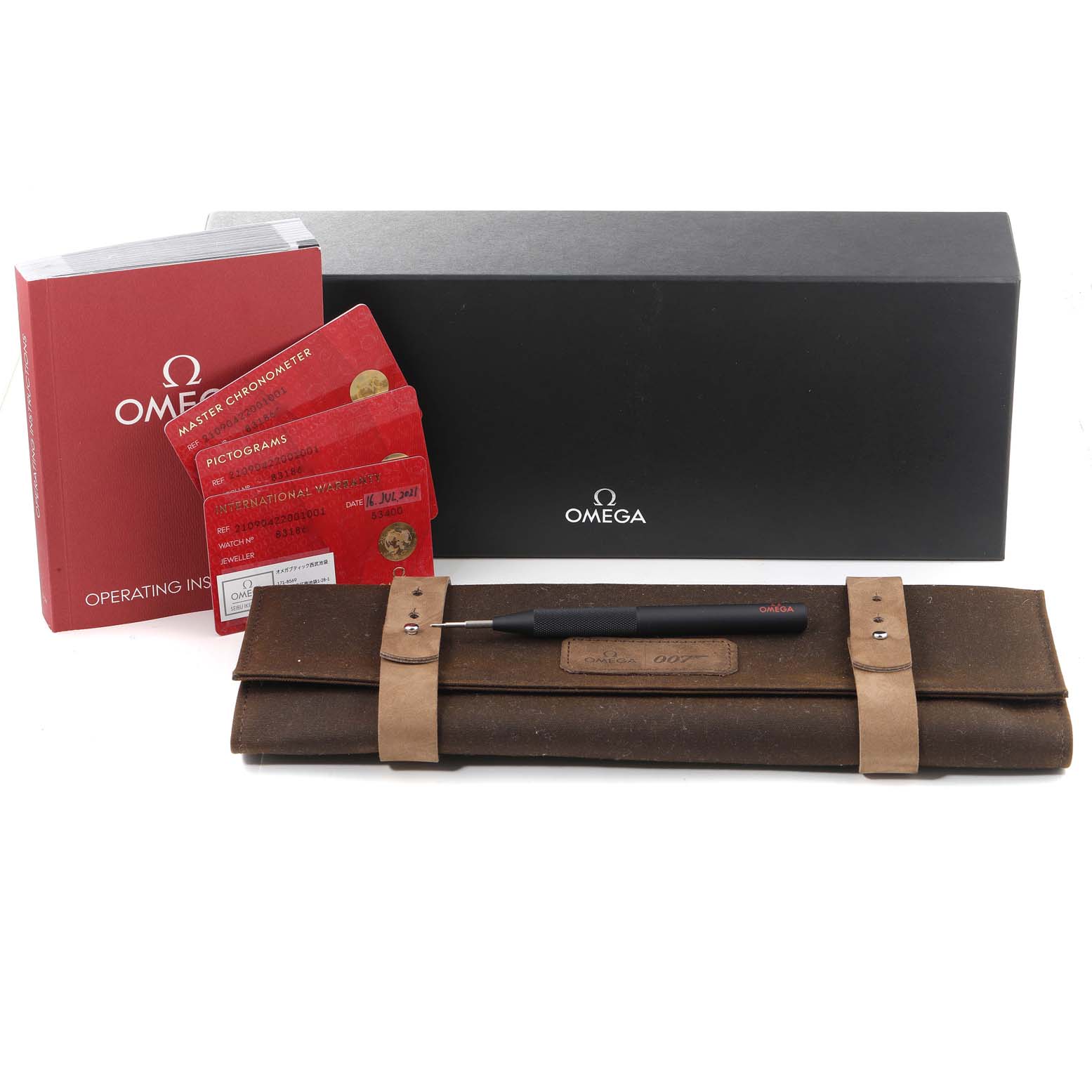 The image shows a box, instruction manual, warranty cards, watch tool, and watch roll for the Omega Seamaster 210.90.42.20.01.001 Men's Titanium Brown Dial 210.90.42.20.01.001 Men's Titanium Brown Dial model.