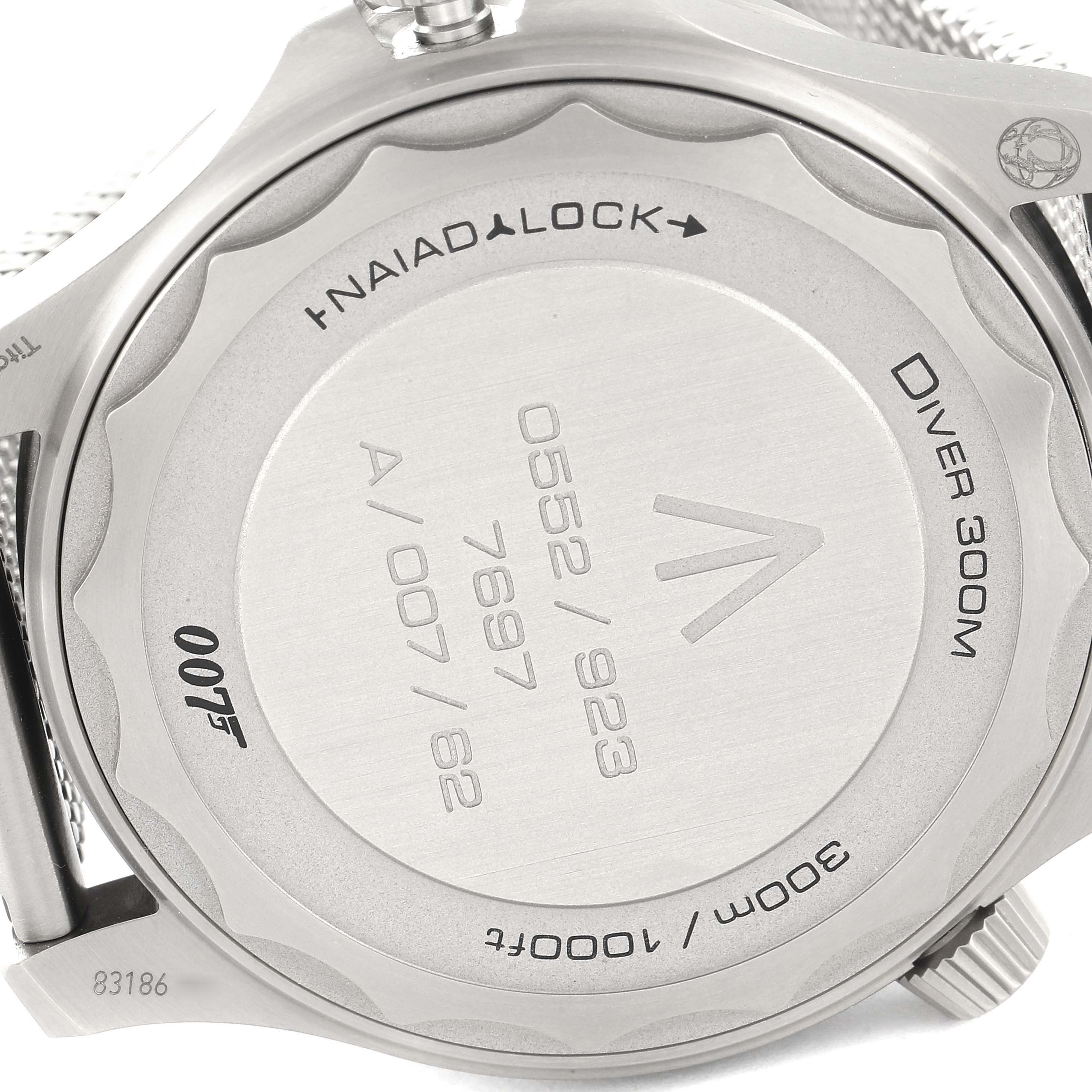 The image shows the back casing of an Omega Seamaster 210.90.42.20.01.001 Men's Titanium Brown Dial 210.90.42.20.01.001 Men's Titanium Brown Dial Diver 300M watch, displaying model and serial numbers.