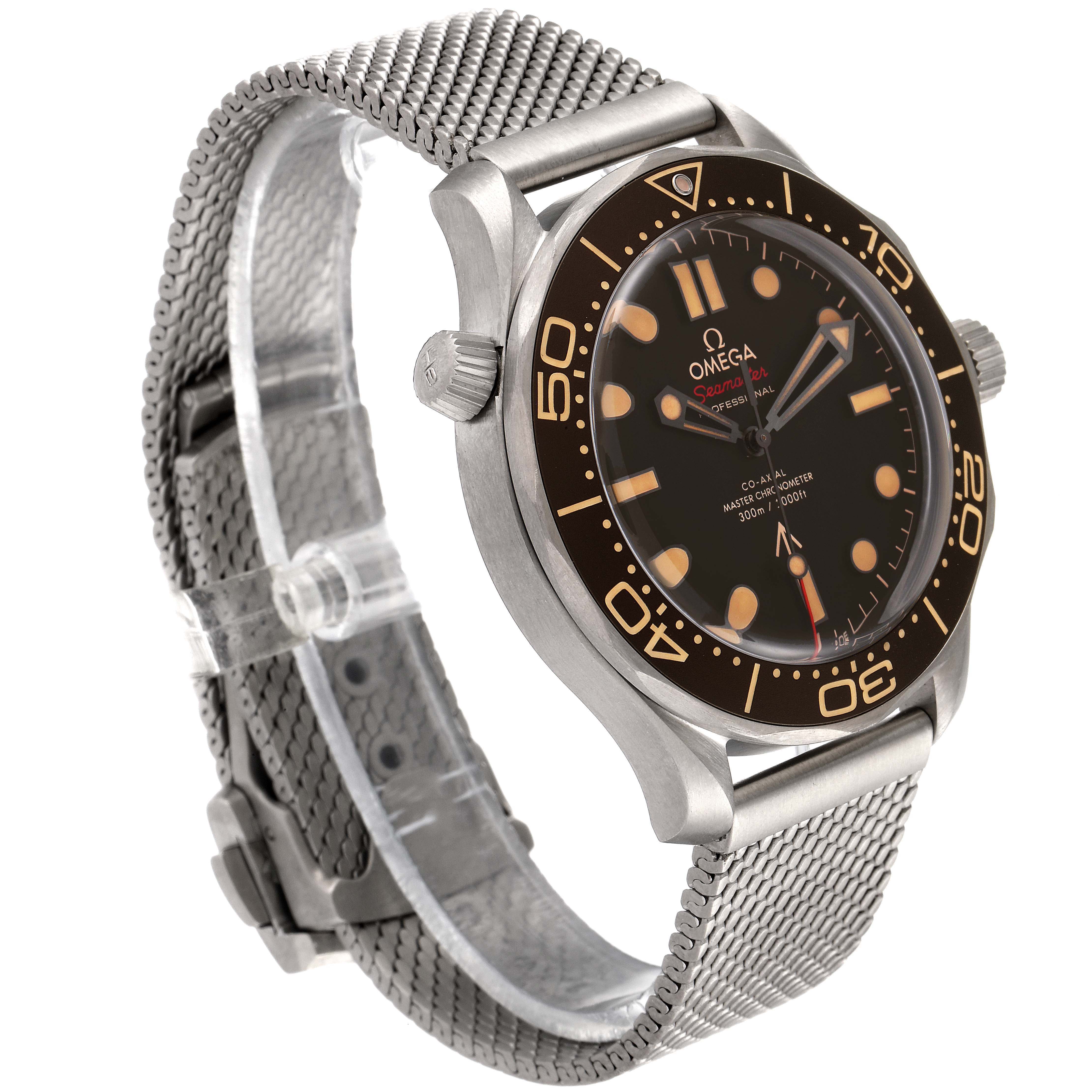 The image shows an Omega Seamaster 210.90.42.20.01.001 Men's Titanium Brown Dial 210.90.42.20.01.001 Men's Titanium Brown Dial watch at a 3/4 angle, highlighting the face, bezel, crown, and mesh bracelet.